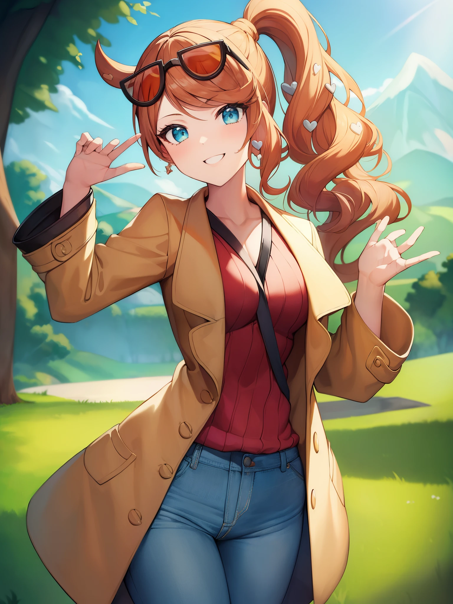 (masterpiece、highest quality: 1.2)、cowboy shot、solo、1 girl、Sonia、smile、looking at the camera、hand on waist、Side ponytail、Heart hair ornament、glasses on head、brown trench coat、pants