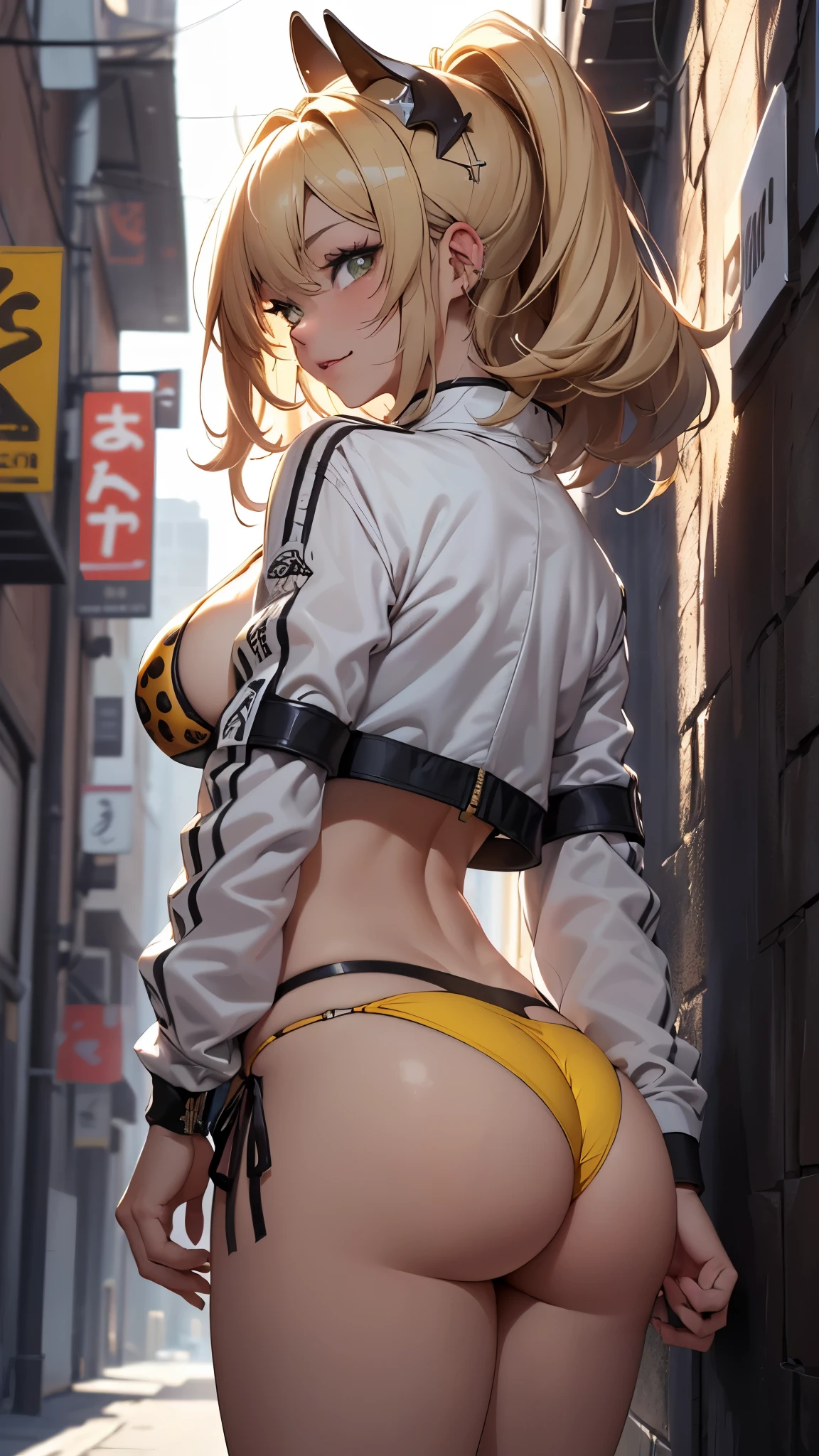 (rear view, backside view),(La mejor calidad,A high resolution,Ultra - detallado,actual),Ariana Grande Provocando, (pechos gigantes:1.8), (pechos colgantes: 1.8), (senos apretados: 1.3), (tonta 1.4), (Senos desproporcionados: 1.4), solo, camisa blanca, falda, (ropa interior:1.4) , estampado de leopardo, escote, joia, gargantilla, ropa en la cintura, banda para el cabello, sonrisa, boca abierta, undulation, brazo al lado, (gran culo) , senos grandes, sexy, pose sexy, sexualmente atractivo, sexualmente sugestivo, agarrar el culo, manos en el culo, sosteniendo el, (manos tocando el culo) , More detailed 8K.motor irreal:1.4,UHD,La mejor calidad:1.4, fotorrealista:1.4, textura de la piel:1.4, obra maestra:1.8,obra-prima, mejor calidad,objeto Objeto], (detailed face features:1.3),(Las proporciones correctas),(Ojos hermosos azules),  (pose vaquero), ,( ciberpunk 2.1),( background dark alley walls big stones night :1.4), (cabello pik largo rizos:1.4), (bikini yellow transparent :1.4) 