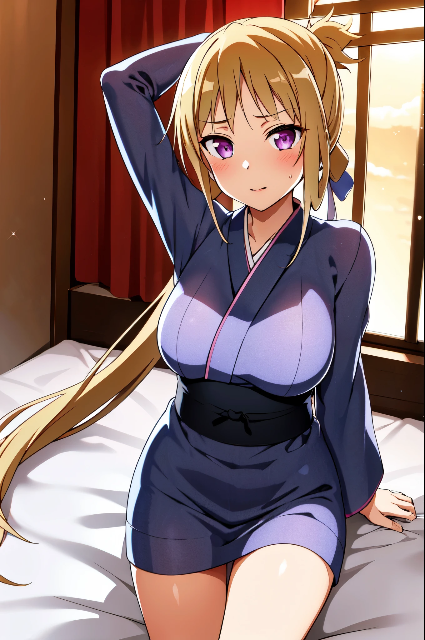 masterpiece, best quality, highres, high_definition, very long hair, a hotel, 1girl, solo, a woman in a sexy dress, sexy pose, blush, bangs, purple eyes, blond hair, ponytail, medium_breasts, sexy, seductive pose, sexy pose, very long hair, Lying in bed, lingerie, sexy lingerie, yukata, touching breast, blush, blushed, arms behind head,