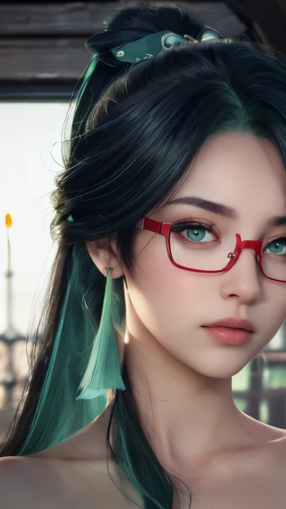 best quality, masterpiece, ultra high resolution, (lifelike:1.4), original photo, 1 girl, Off the shoulders, in the darkness, deep shadow, low profile, cold light，light green eyes，blue black hair and green hair, Long ponytail，Good-looking hair accessories，light green eyes，red glasses，Red Half-rimmed Glasses