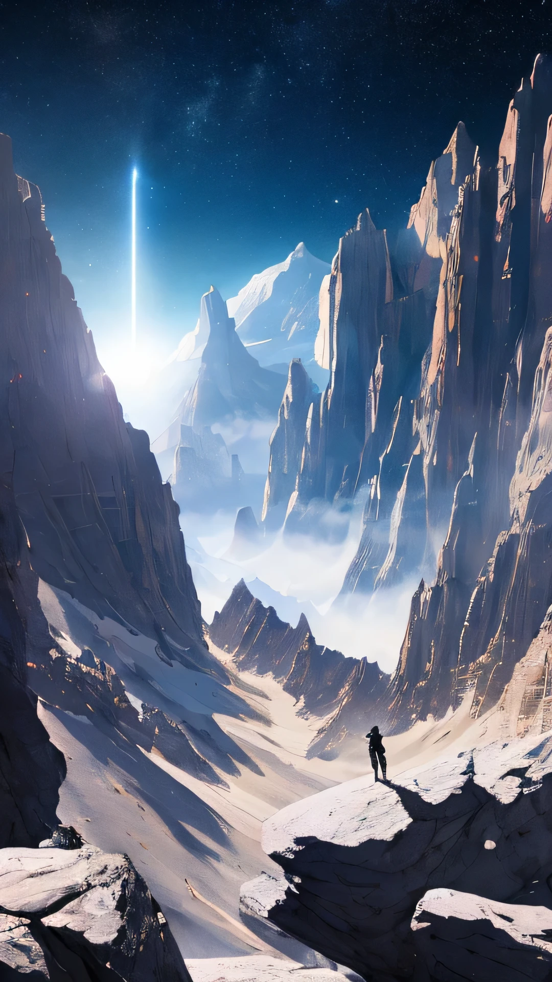 surreal illustration , otherworldly, Super Long Shot、one climber、The first step into the world of ignorance,very detailed and magical lighting, Detailed Rocky Mountains, solar punk ,landscape, Lunar surface, Beautiful and rugged rocky mountain with beautiful lighting and realistic proportions, Looks like a movie background, 8K, highest quality, masterpiece, Clouds and stars in the sky.