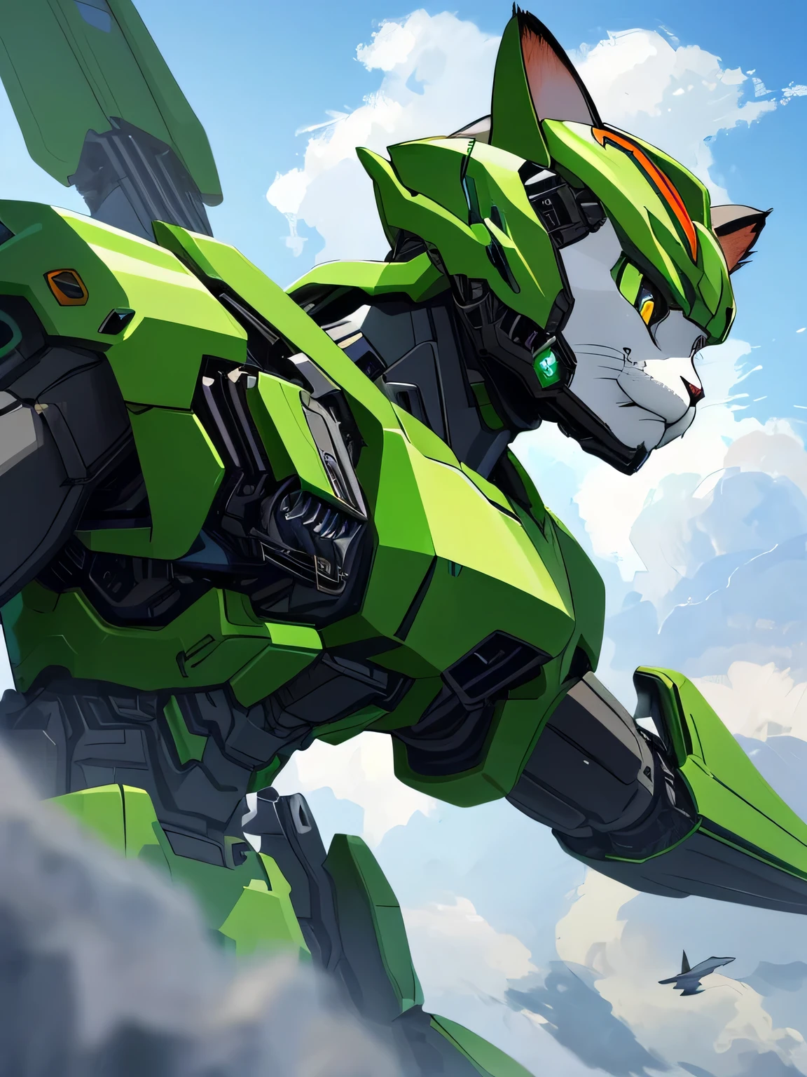 Unorganized solutions, High resolution, (masterpiece: 1.3), hyper detail, Mecha, (((cat design))),Green Armor, floating in the sky (1.8) Against the background of blue sky and white clouds