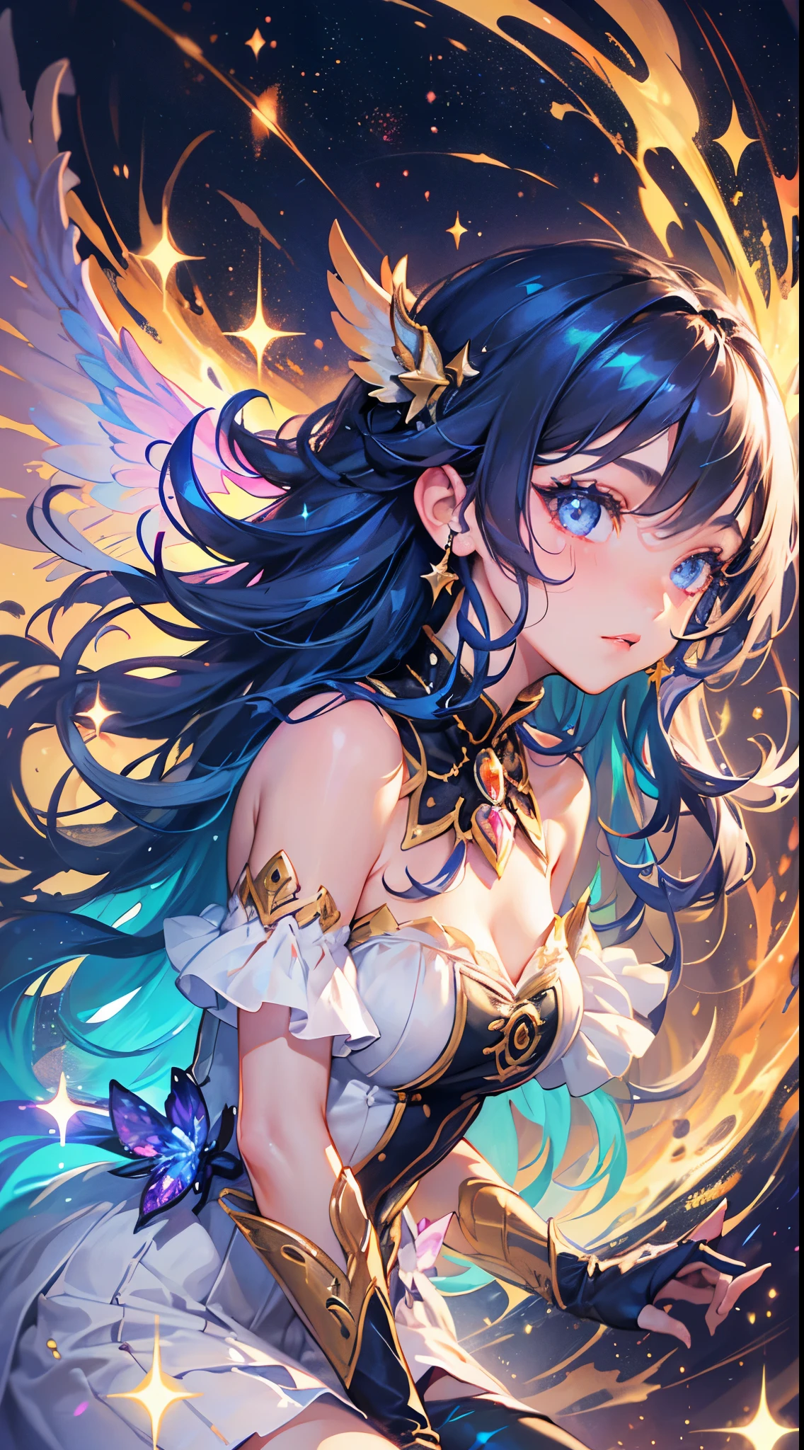 (Magical Girl)), ((Gorgeous Starry Background)), ((Ultra Detailed)), ((Best Illustration)), ((Movie Lighting)), Dynamic Angle, Floating, Fine, (Flash: 1.2), (Shine: 1.2), (Shine: 1.2), Classic, (Drawing: 1.1), (Sketch: 1.1), (Best Quality), (Illustration: 1.2), (Anime Style), (Solo), Beautiful Detailed Face, (Cute Face: 1.3), (Big Eyes)), Colored hair, (long hair: 1.2), (flowing hair: 1.2), (magical girl costume), detail, (sparkling wand: 1.3), (magic effect: 1.3), (flowing dress: 1.2), (cute boots: 1.1), (transparent fabric: 1.1), (flickering: 1.2), (glow: 1.2), (sparkle: 1.2), (sparkle: 1.2), (sparkle: 1.2), (shimmer: 1.2), wings, multi color hair, cute magical beast,