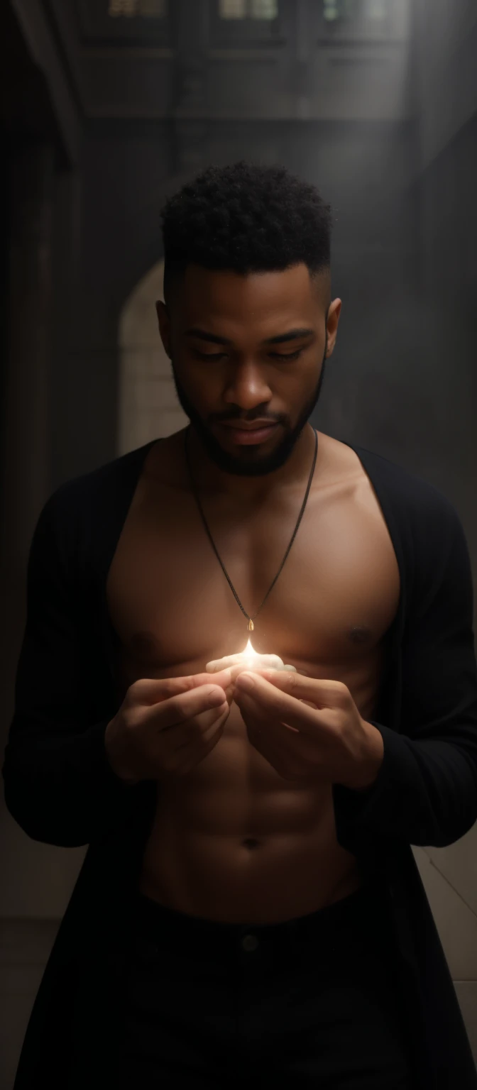 a black person using magic, magical effects, mystical atmosphere,