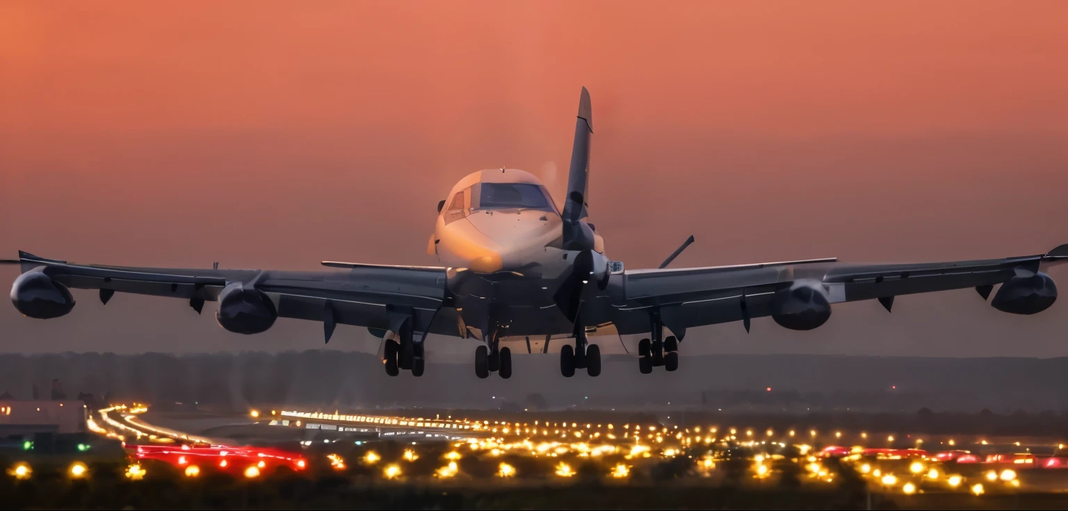 araflane landing at dusk with lights on the runway, at takeoff, landing lights, runway, on the runway, runway photo, take off, plane light, aeroplane, airplanes, aircraft, plane, high quality image”, low - level view, offset and takeoff, mid shot photo, flying aircrafts, at sunrise, low level view, evening lighting, airplane
