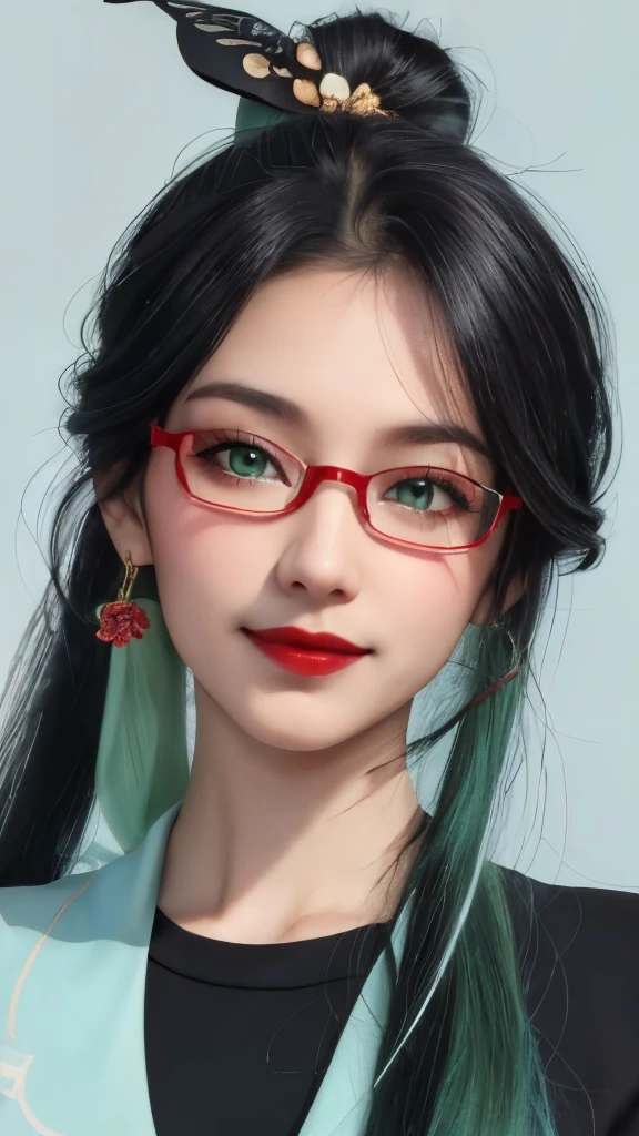 ((wallpaper 8k)), ((high detail)), ((masterpiece)), ((best quality:1.2)), ((human development report)), ((ridiculous)), ((original photo)), 1 girl, light green eyes，blue black hair and green hair, Long ponytail，Good-looking hair accessories，light green eyes，red glasses，Red Half-rimmed Glasses，Smile，Shoulder, Lovely, portrait, black jacket, black shirt, Black Sweater, beautiful lights, 粉red lips, red lips