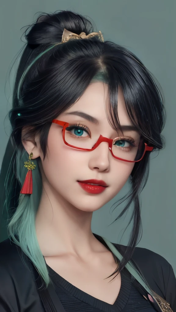 ((wallpaper 8k)), ((high detail)), ((masterpiece)), ((best quality:1.2)), ((human development report)), ((ridiculous)), ((original photo)), 1 girl, light green eyes，blue black hair and green hair, Long ponytail，Good-looking hair accessories，light green eyes，red glasses，Red Half-rimmed Glasses，Smile，Shoulder, Lovely, portrait, black jacket, black shirt, Black Sweater, beautiful lights, 粉red lips, red lips