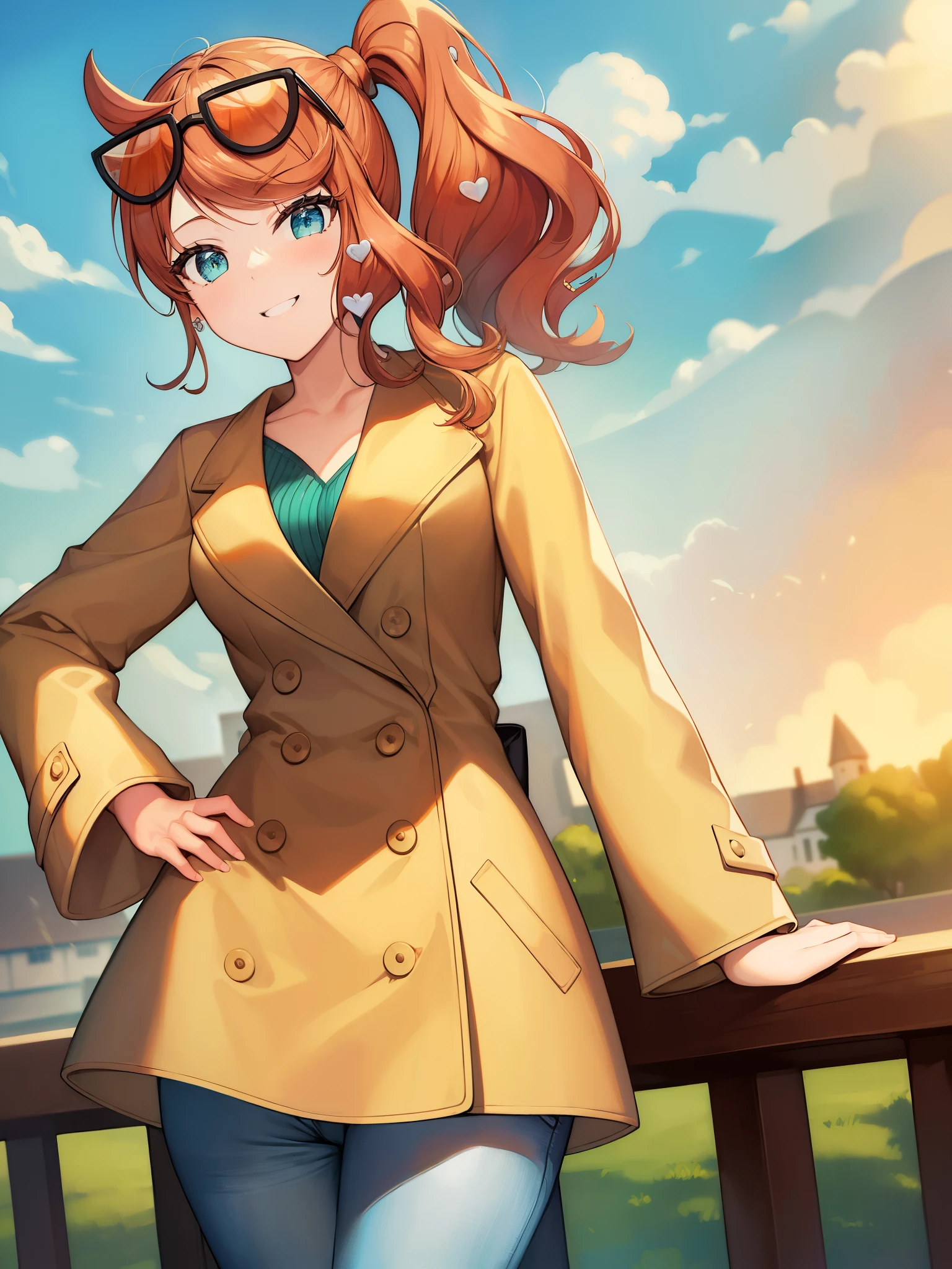 (masterpiece、highest quality: 1.2)、cowboy shot、solo、1 girl、Sonia、smile、looking at the camera、hand on waist、Side ponytail、Heart hair ornament、glasses on head、brown trench coat、pants、earrings、