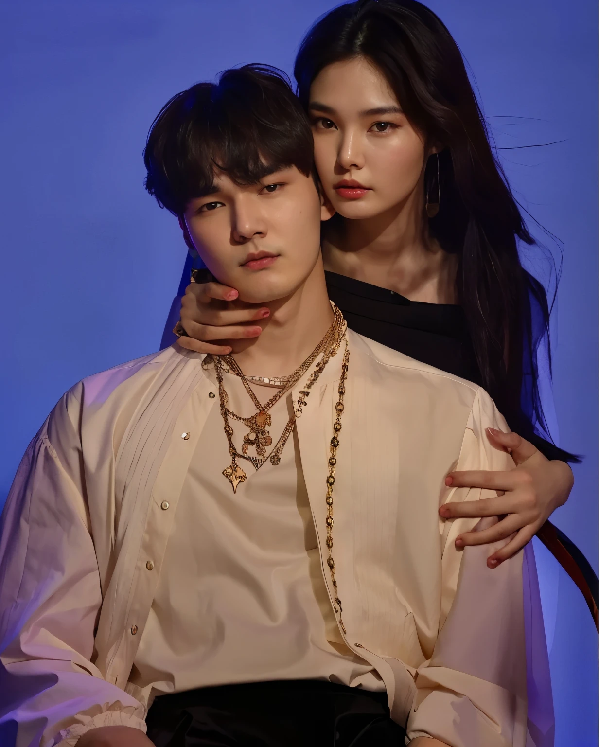 Yoongi and a woman posing for a photo in a studio, Jung Jaehyun, de mim, Wonbin Lee, taejune kim, chave ainda, level, 4k ), 4k), a partir de 8k fosco, romantic protagonist, nixeu e sakimichan, Shin Jeongho, k-pop, Jennie, Min Yoongi