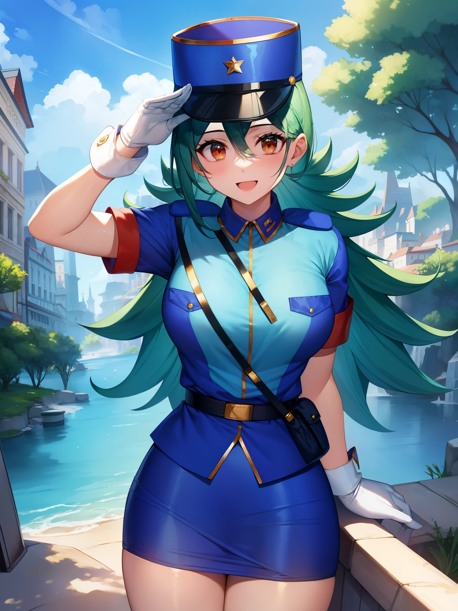 masterpiece、highest quality、Viewer&#39;s perspective、pkmnJenny、blue hat、police uniform、（（saluting））++、（（saluting））++、Colossal breasts mature woman、Colossal breasts mature woman、blue shirt、short sleeve、belt、pencil skirt、white gloves、cowboy shot、look at viewer、smile、Cityscape、blue sky