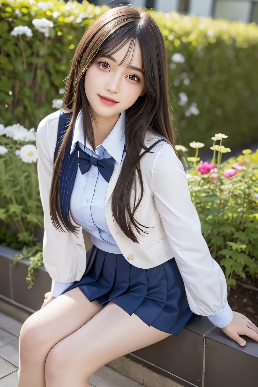 pieces fly、masterpiece、highest quality、Super detailed、High resolution、High resolution、8K portrait、unity 8k wallpaper、Detailed CG、unity 8k wallpaper、Detailed CGユニティ8kの壁紙、realistic、real person、portrait photography、shiny skin、(26 years old)、High resolution、beautiful clear eyes、very detailed explanation、delicate face、nice lips、thin waist、thin legs、1 girl、(school uniform:1.4)、(pleated skirt:1.2)、(dark blue blazer:1.2)、(small breasts:1.2)、(smile:1.2)、(garden:1.2)