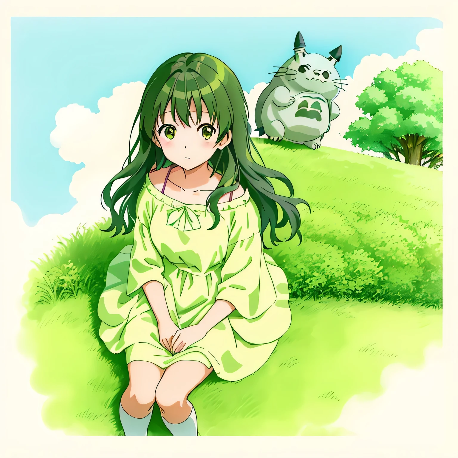 anime painting of a girl and a boy sitting in the grass, “totoro, my neigbor totoro, totoro, of totoro, totoro from my neighbor totoro, studio ghibli!!!, studio ghibli!!!!, my neighbor totoro, studio ghibli!!!!!, studio ghibli art, totoro sitting in a forest, by Miyazaki, studio ghibli filter