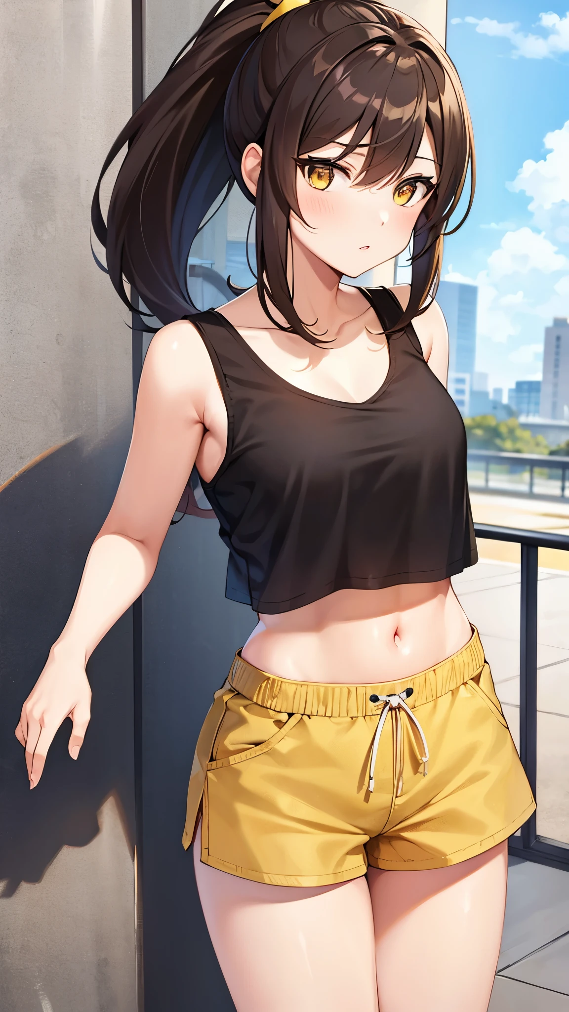 Girl, ponytail hair, brown hair, yellow sapphire eyes, cute girl, hot girl, tank top, hotpants