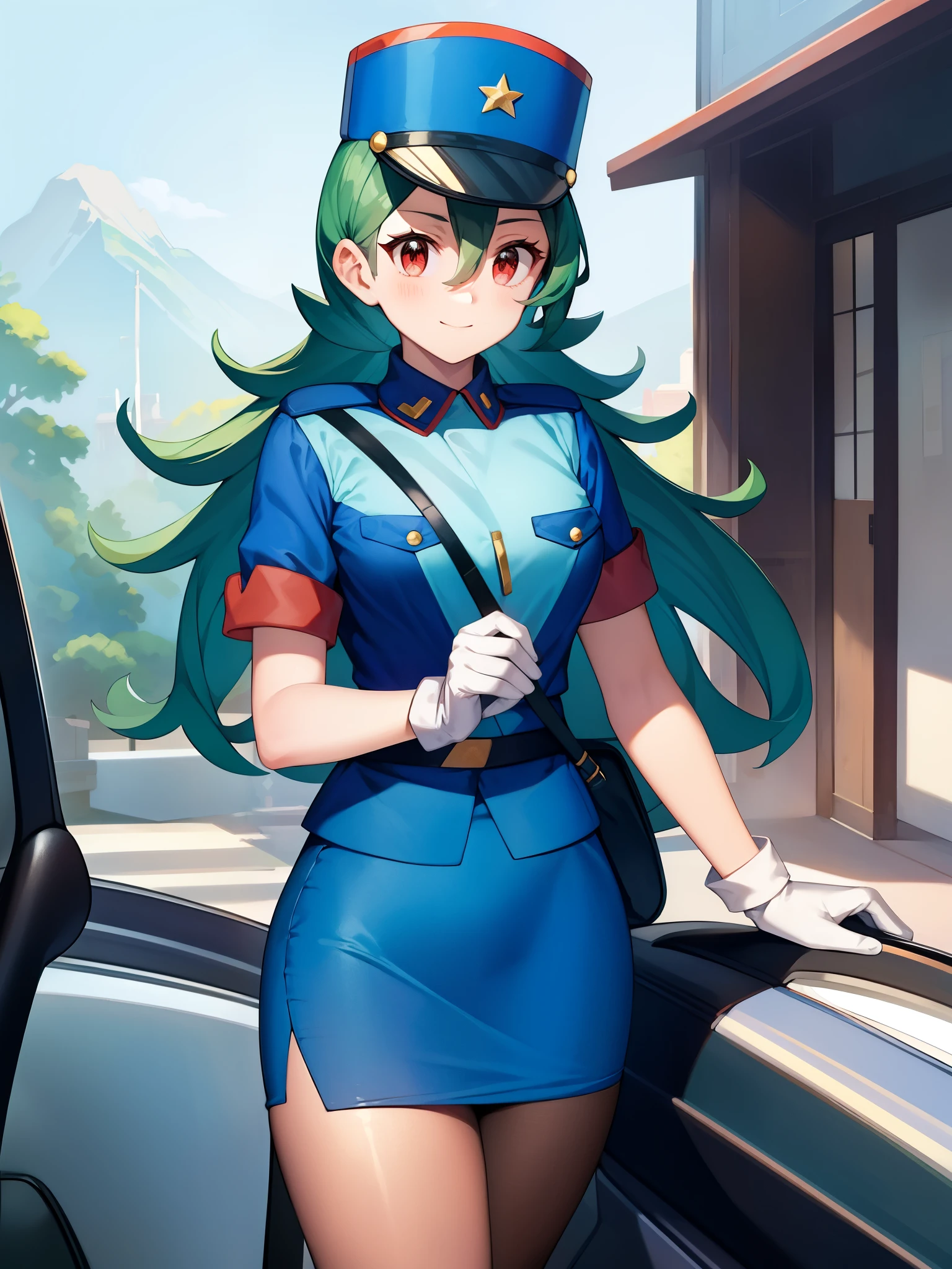 (masterpiece、highest quality: 1.2) officer jenny、Pokémon、1 girl、solo、long hair、chest、looking at the camera、smile、red eyes、green hair、big breasts、green hair、white gloves、police hat、mini skirt、bag、star (symbol)、uniform、blue skirt、blue shirt、Pencil Skirt、brown pantyhose、(car、ground、vehicle、vehicle、:1.2) 警察のuniform、simple background