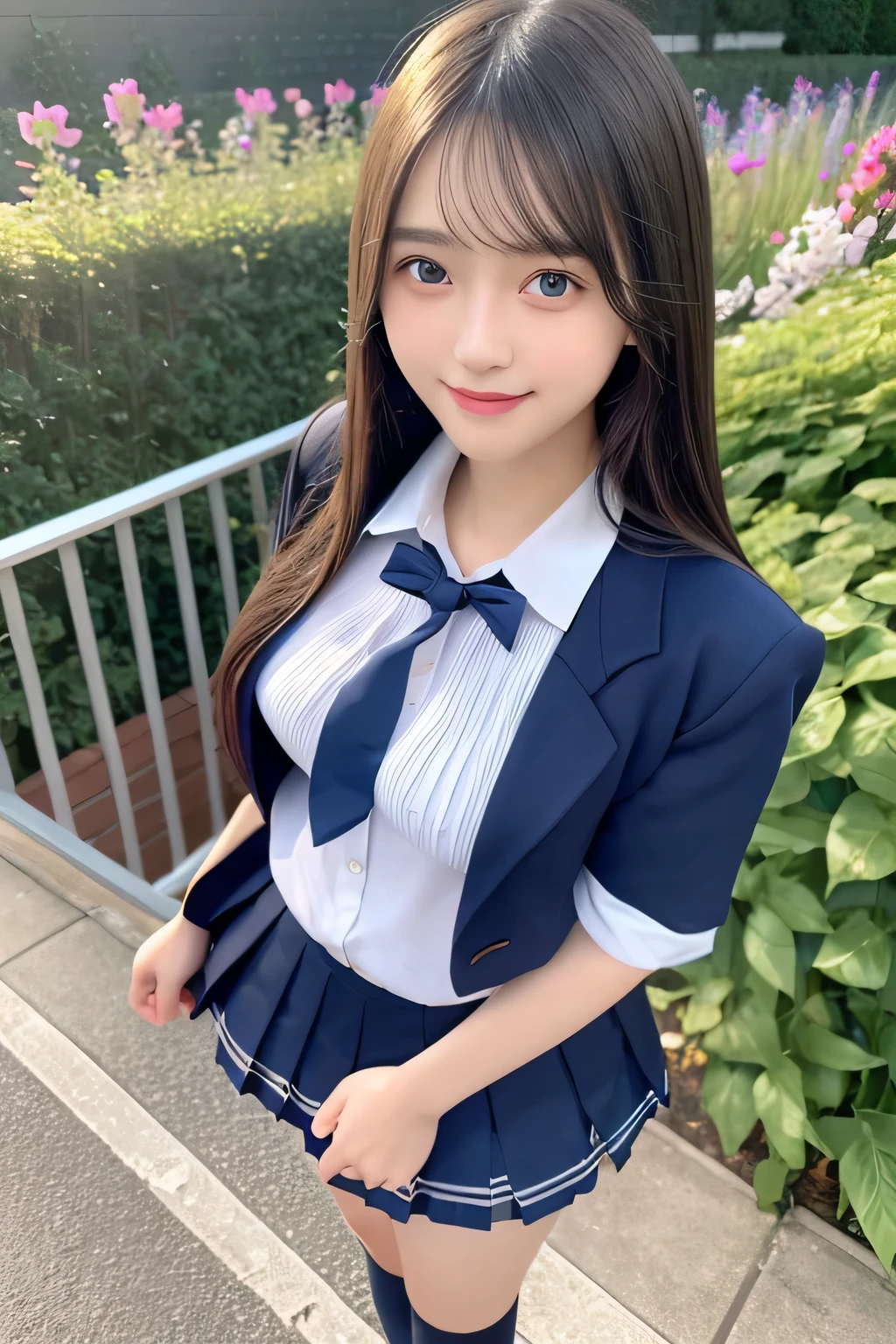 pieces fly、masterpiece、highest quality、Super detailed、High resolution、High resolution、8K portrait、unity 8k wallpaper、Detailed CG、unity 8k wallpaper、Detailed CGユニティ8kの壁紙、realistic、real person、portrait photography、shiny skin、(26 years old)、High resolution、beautiful clear eyes、very detailed explanation、delicate face、nice lips、thin waist、thin legs、1 girl、(school uniform:1.4)、(pleated skirt:1.2)、(dark blue blazer:1.2)、(small breasts:1.2)、(smile:1.2)、(garden:1.2)