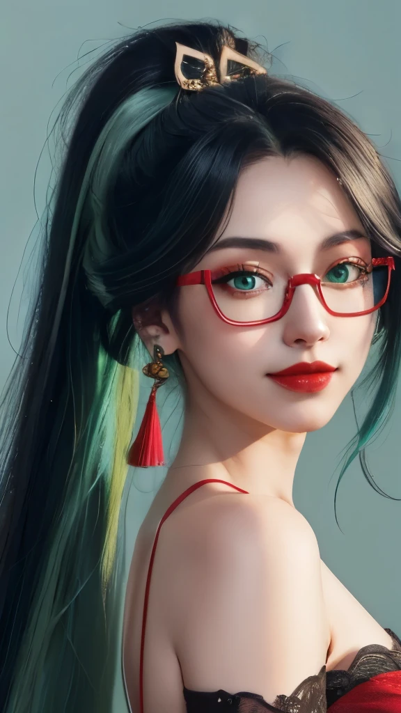 ((wallpaper 8k)), ((high detail)), ((masterpiece)), ((best quality:1.2)), ((human development report)), ((ridiculous)), ((original photo)), 1 girl, light green eyes，blue black hair and green hair, Long ponytail，Good-looking hair accessories，light green eyes，red glasses，Red Half-rimmed Glasses，Smile，Shoulder, Lovely, portrait, Black off-the-shoulder clothes, huge ，beautiful lights, 粉red lips, red lips