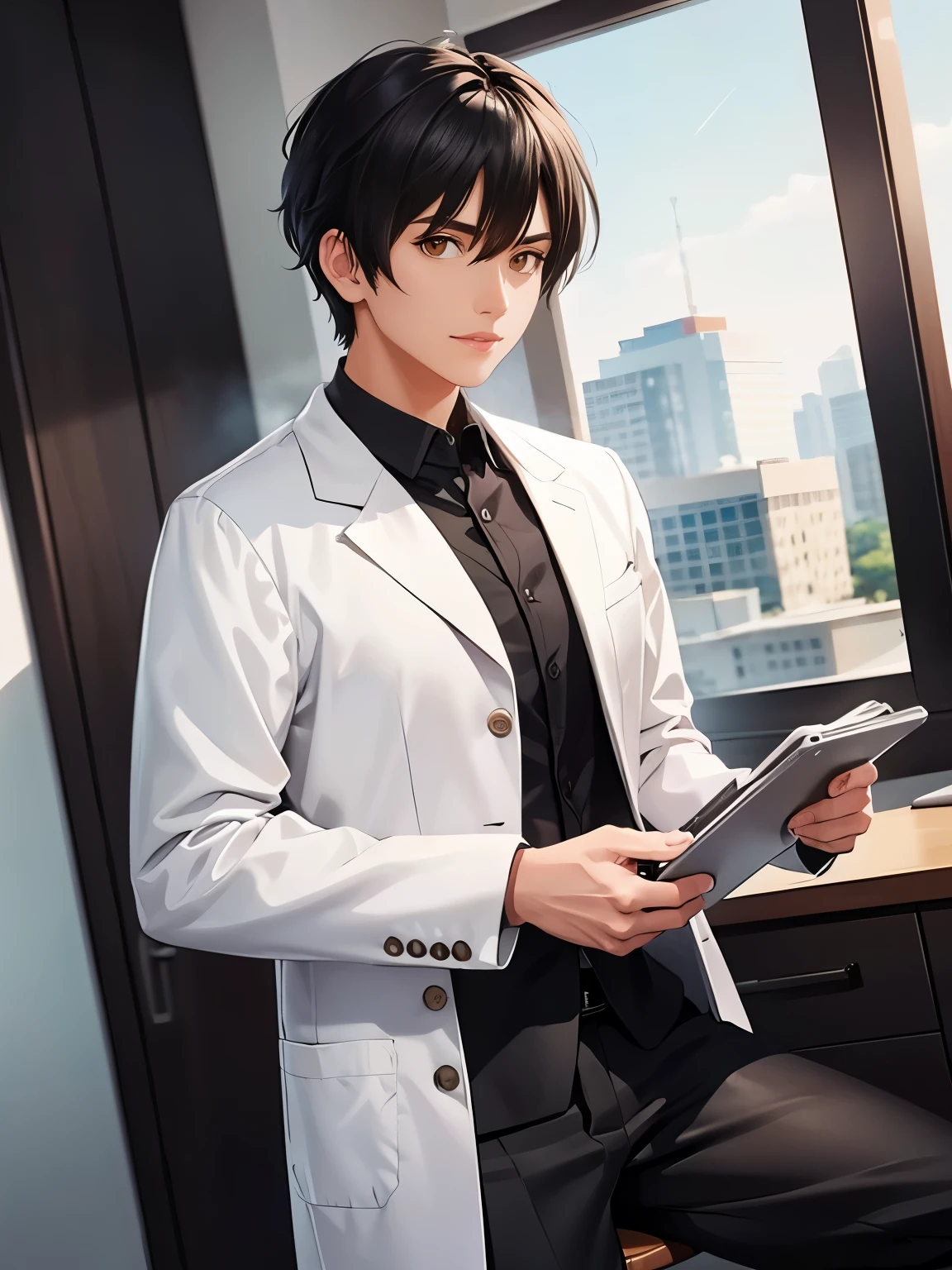 Short hair, man, black hair, lab coat, black shirt, black pants, skinny