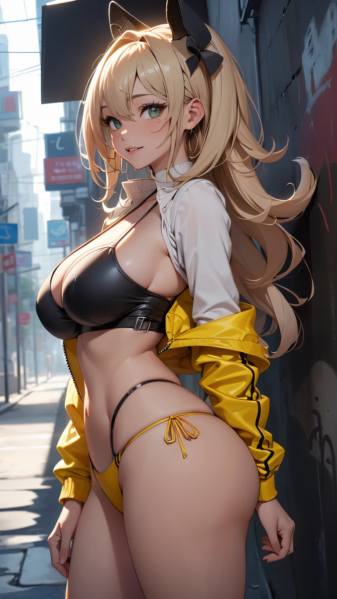 (rear view, backside view),(La mejor calidad,A high resolution,Ultra - detallado,actual),Ariana Grande Provocando, (pechos gigantes:1.8), (pechos colgantes: 1.8), (senos apretados: 1.3), (tonta 1.4), (Senos desproporcionados: 1.4), solo, (babidoll pik transparente) , falda, (ropa interior:1.4) , escote, joia, gargantilla, ropa en la cintura, banda para el cabello, sonrisa, boca abierta, undulation, brazo al lado, (gran culo) , senos grandes, sexy, pose sexy, sexualmente atractivo, sexualmente sugestivo, agarrar el culo, manos en el culo, (manos tocando el culo) , More detailed 8K.motor irreal:1.4,UHD,La mejor calidad:1.4, fotorrealista:1.4, textura de la piel:1.4, obra maestra:1.8,obra-prima, mejor calidad,objeto Objeto], (detailed face features:1.3),(Las proporciones correctas),(Ojos hermosos azules),  (pose vaquero), ,( ciberpunk 2.1),( background dark alley walls big stones night :1.4), (cabello pik largo rizos:1.4), (bikini yellow transparent :1.4) 