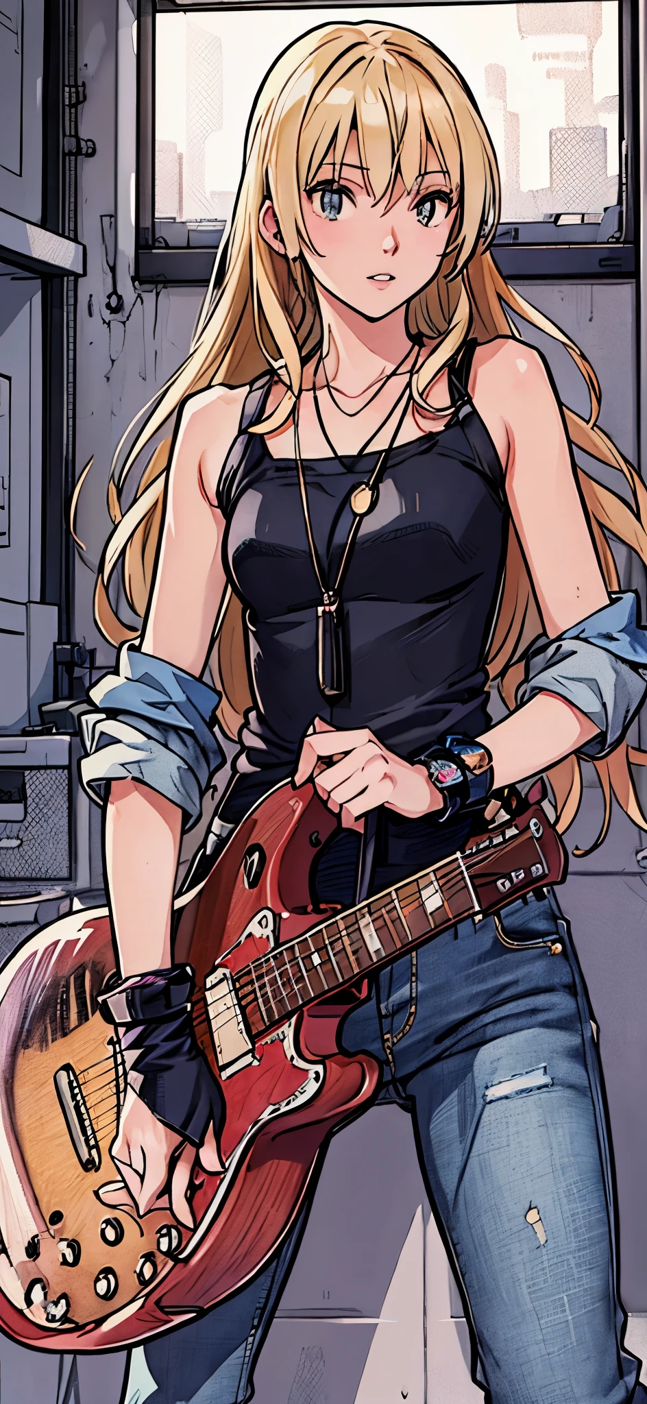 (highest quality,4K,8K,High resolution,table top:1.2), Super detailed, (realistic,photorealistic,photo-realistic:1.37), ((full body)),rage, Unfortunate,((blonde hair)), ((long hair)),black camisole, damaged denim jeans,necklace,((play the guitar)),((sing a song)),beautiful and detailed eyes, beautiful detailed lips, highly detailed eyes and face, long eyelashes, realistic anime 3D style, Smooth anime CG art, Digital rendering by Makoto Shinkai, Moe anime art style, photorealistic rendering of an anime girl, Shinkai Makoto style, Cute anime girl visuals, realistic young anime girl, girl fan art, Created by Anime Artist&#39;studio of.