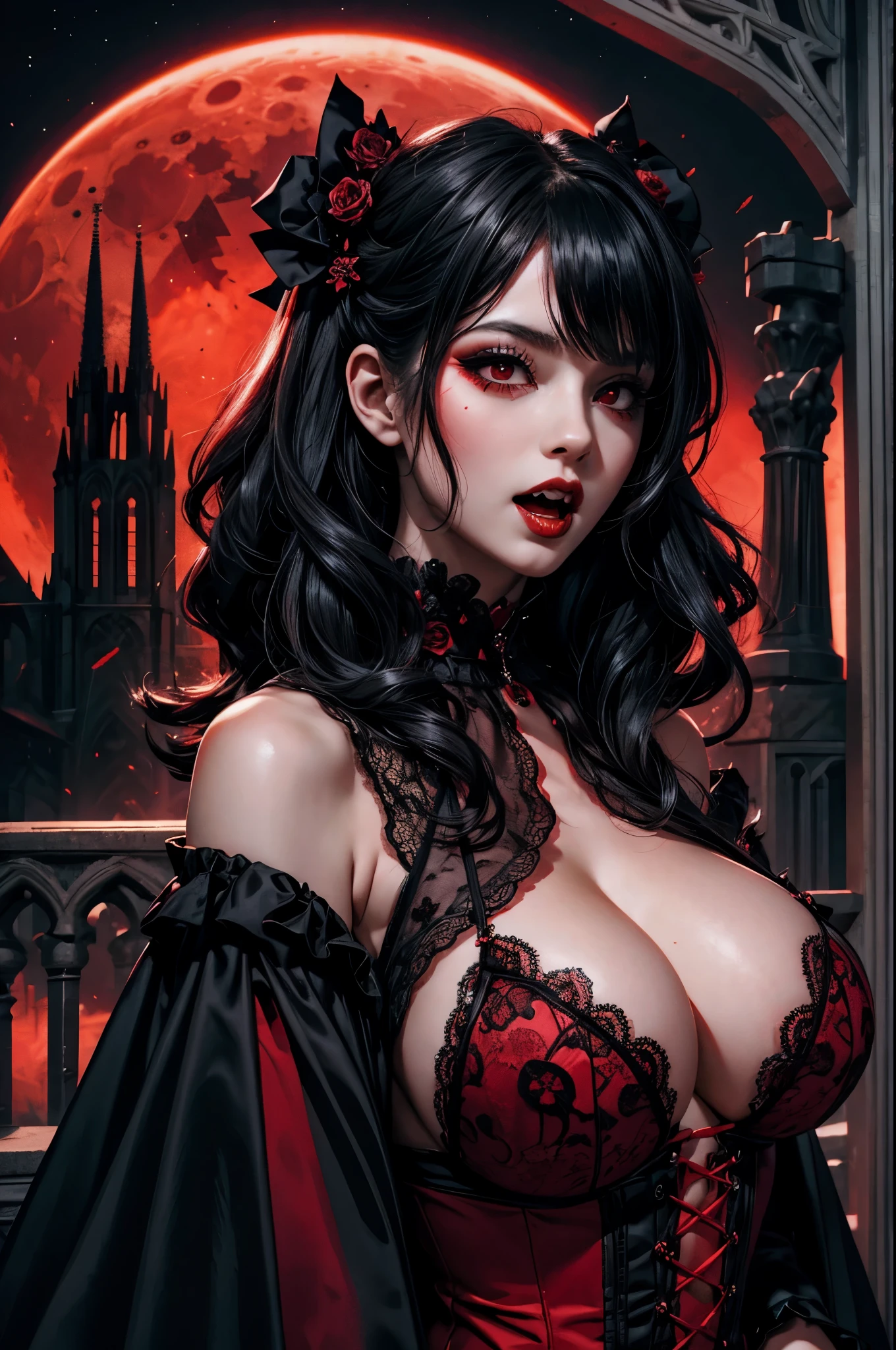 a sexy ta vampire girl in black and red lace with a open mouth bearing her long fangs with a backdrop of a gothic cathedral and a dark sky with a blood red moon