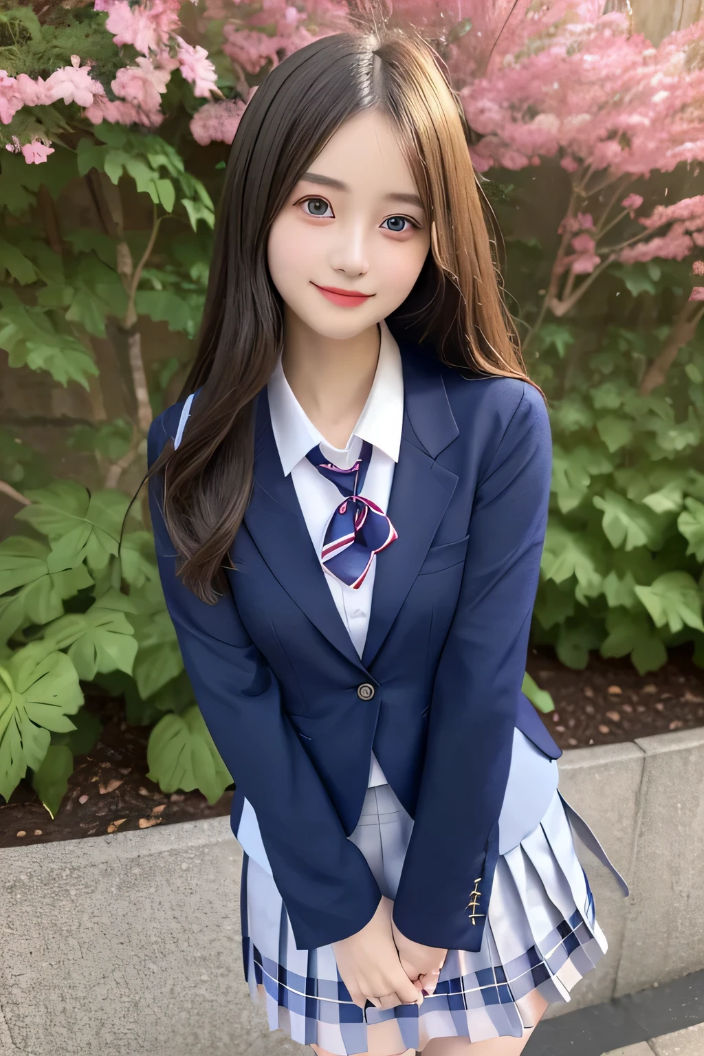 pieces fly、masterpiece、highest quality、Super detailed、High resolution、High resolution、8K portrait、unity 8k wallpaper、Detailed CG、unity 8k wallpaper、Detailed CGユニティ8kの壁紙、realistic、real person、portrait photography、shiny skin、(26 years old)、High resolution、beautiful clear eyes、very detailed explanation、delicate face、nice lips、thin waist、thin legs、1 girl、(school uniform:1.4)、(pleated skirt:1.2)、(dark blue blazer:1.2)、(small breasts:1.2)、(smile:1.2)、(garden:1.2)