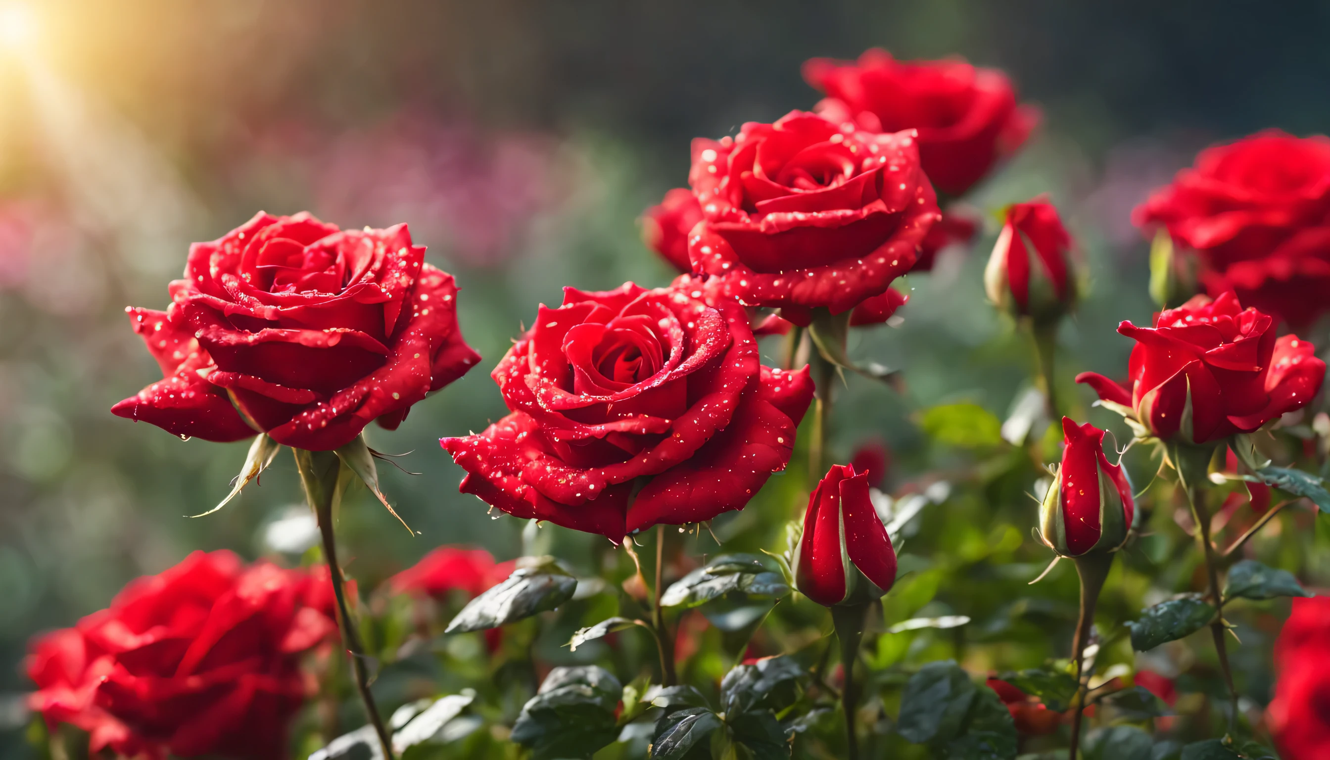 Many red color rose flowers in the garden and sunlight with bokeh, dew drops on flower petalasterpiece, ultra quality, high resolution, 8k, intricate: 1.2), (masterpiece), (best quality:1)