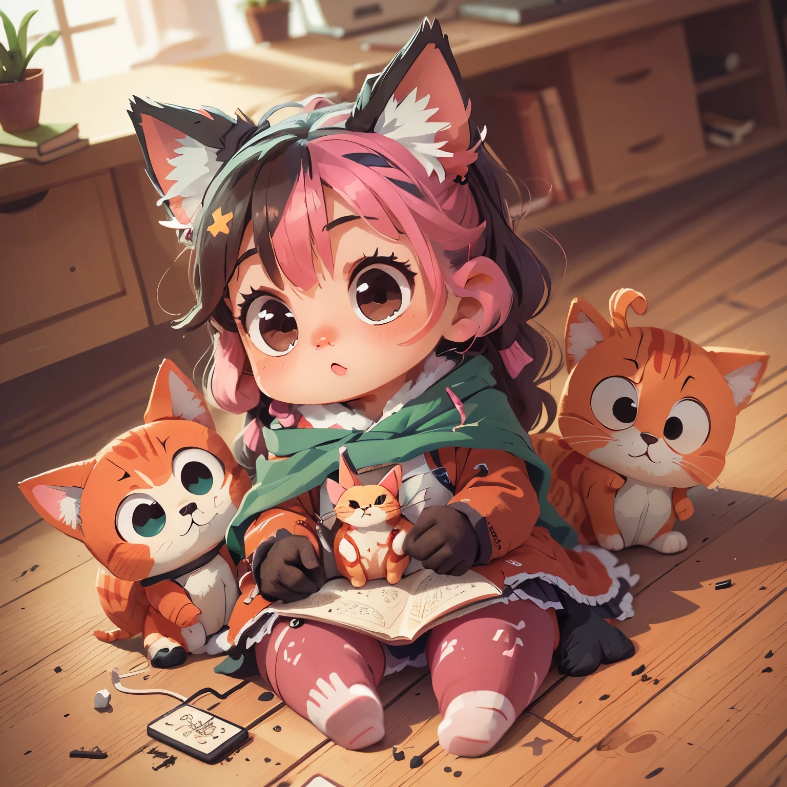 Little, Cat, cute, pink cat princess, big badejo, whole body, masterpiece, 3D rendering, highest quality, lots of details, (plain background), vinyl toy figurines