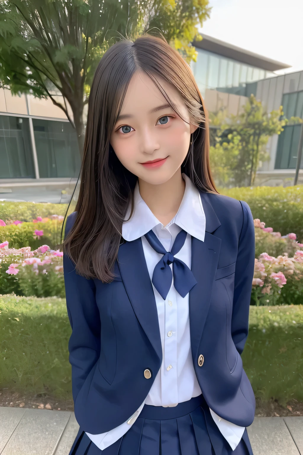 pieces fly、masterpiece、highest quality、Super detailed、High resolution、High resolution、8K portrait、unity 8k wallpaper、Detailed CG、unity 8k wallpaper、Detailed CGユニティ8kの壁紙、realistic、real person、portrait photography、shiny skin、(26 years old)、High resolution、beautiful clear eyes、very detailed explanation、delicate face、nice lips、thin waist、thin legs、1 girl、(school uniform:1.4)、(pleated skirt:1.2)、(dark blue blazer:1.2)、(small breasts:1.2)、(smile:1.2)、(garden:1.2)、(take a pose:1.2)