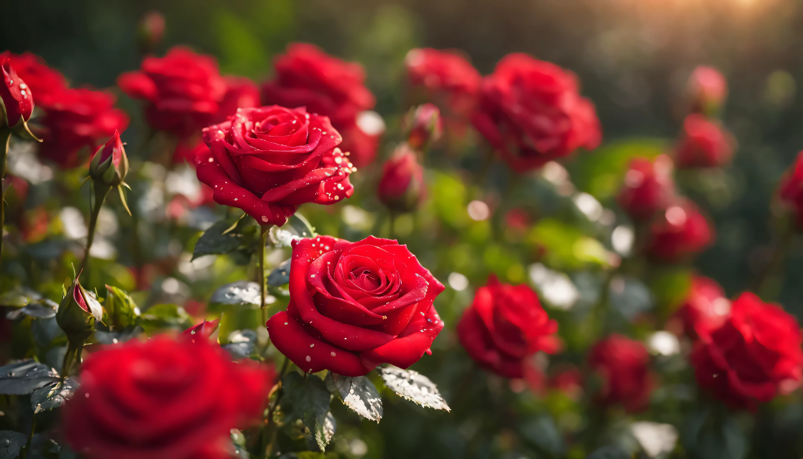 Many red color rose flowers in the garden and sunlight with bokeh, dew drops on flower petalasterpiece, ultra quality, high resolution, 8k, intricate: 1.2), (masterpiece), (best quality:1)