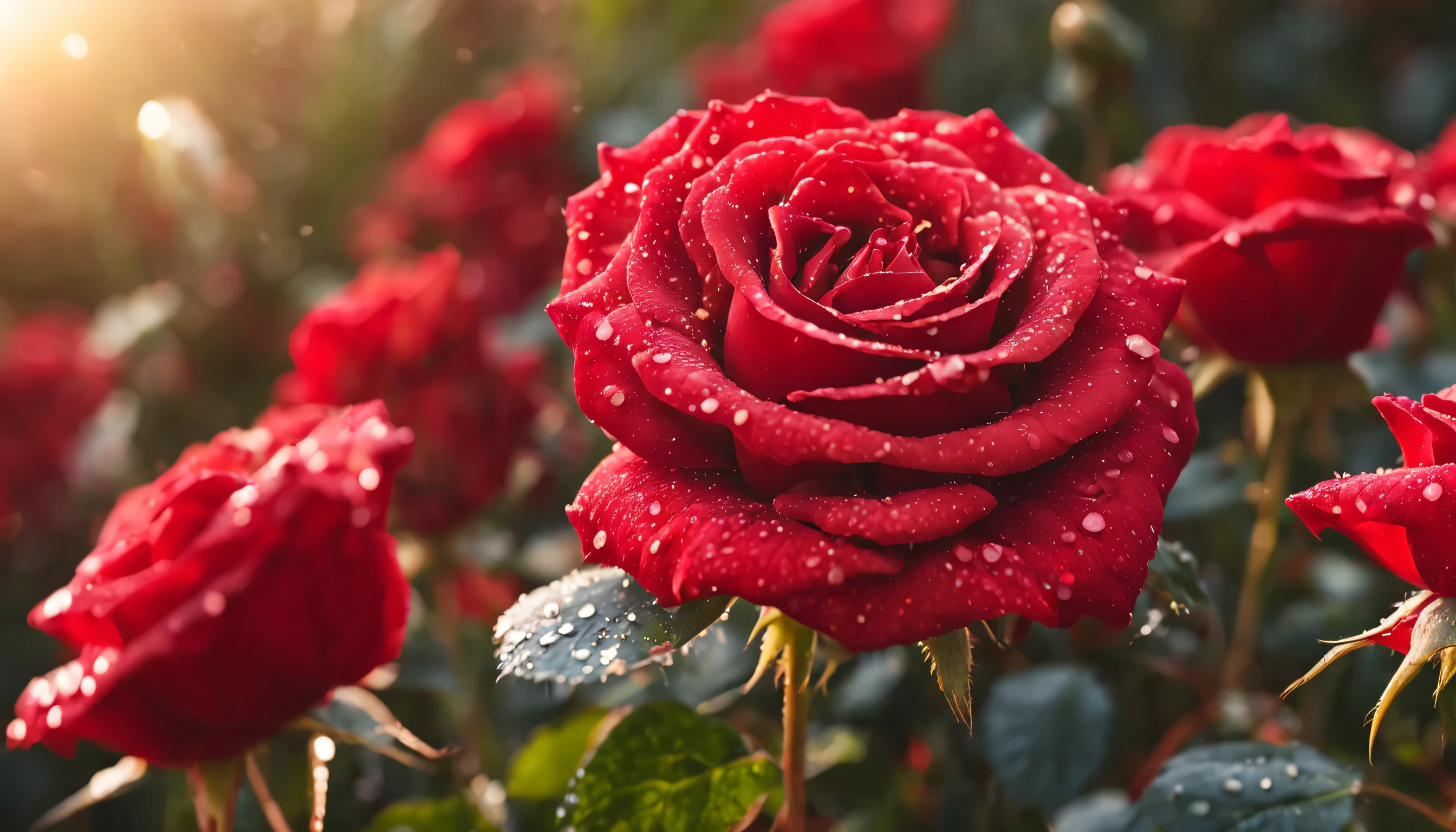 Many red color rose flowers in the garden and sunlight with bokeh, dew drops on flower petalasterpiece, ultra quality, high resolution, 8k, intricate: 1.2), (masterpiece), (best quality:1)