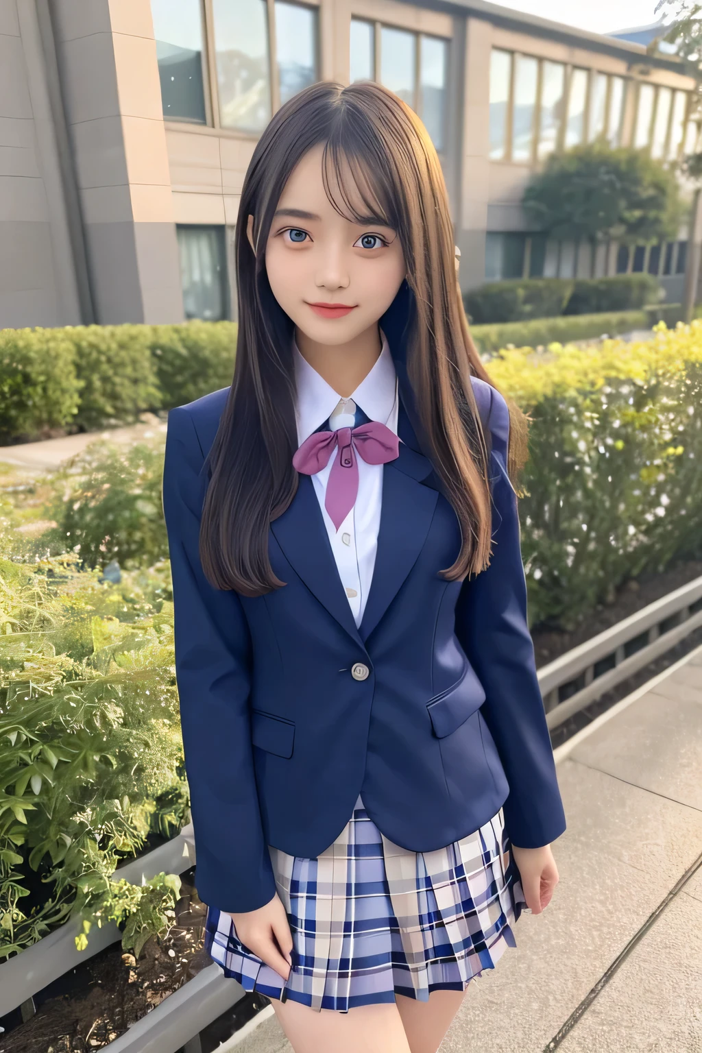 pieces fly、masterpiece、highest quality、Super detailed、High resolution、High resolution、8K portrait、unity 8k wallpaper、Detailed CG、unity 8k wallpaper、Detailed CGユニティ8kの壁紙、realistic、real person、portrait photography、shiny skin、(26 years old)、High resolution、beautiful clear eyes、very detailed explanation、delicate face、nice lips、thin waist、thin legs、1 girl、(school uniform:1.4)、(pleated skirt:1.2)、(dark blue blazer:1.2)、(small breasts:1.2)、(smile:1.2)、(garden:1.2)、(take a pose:1.2)