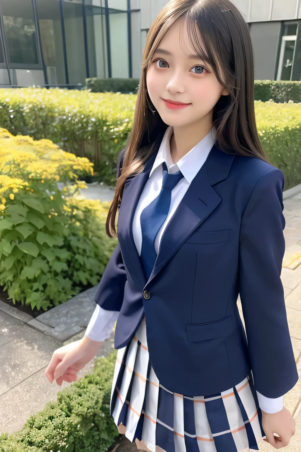 pieces fly、masterpiece、highest quality、Super detailed、High resolution、High resolution、8K portrait、unity 8k wallpaper、Detailed CG、unity 8k wallpaper、Detailed CGユニティ8kの壁紙、realistic、real person、portrait photography、shiny skin、(26 years old)、High resolution、beautiful clear eyes、very detailed explanation、delicate face、nice lips、thin waist、thin legs、1 girl、(school uniform:1.4)、(pleated skirt:1.2)、(dark blue blazer:1.2)、(small breasts:1.2)、(smile:1.2)、(garden:1.2)、(take a pose:1.2)