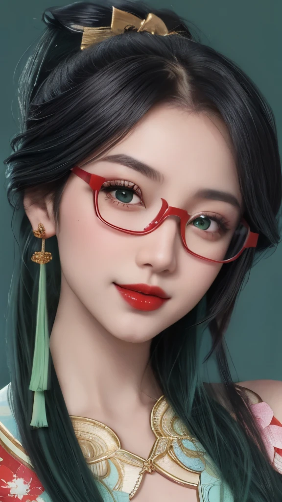 ((wallpaper 8k)), ((high detail)), ((masterpiece)), ((best quality:1.2)), ((human development report)), ((ridiculous)), ((original photo)), 1 girl, light green eyes，blue black hair and green hair, Long ponytail，Good-looking hair accessories，light green eyes，red glasses，Red Half-rimmed Glasses，Smile，Shoulder, Lovely, portrait, Black off-the-shoulder clothes, huge ，beautiful lights, 粉red lips, red lips