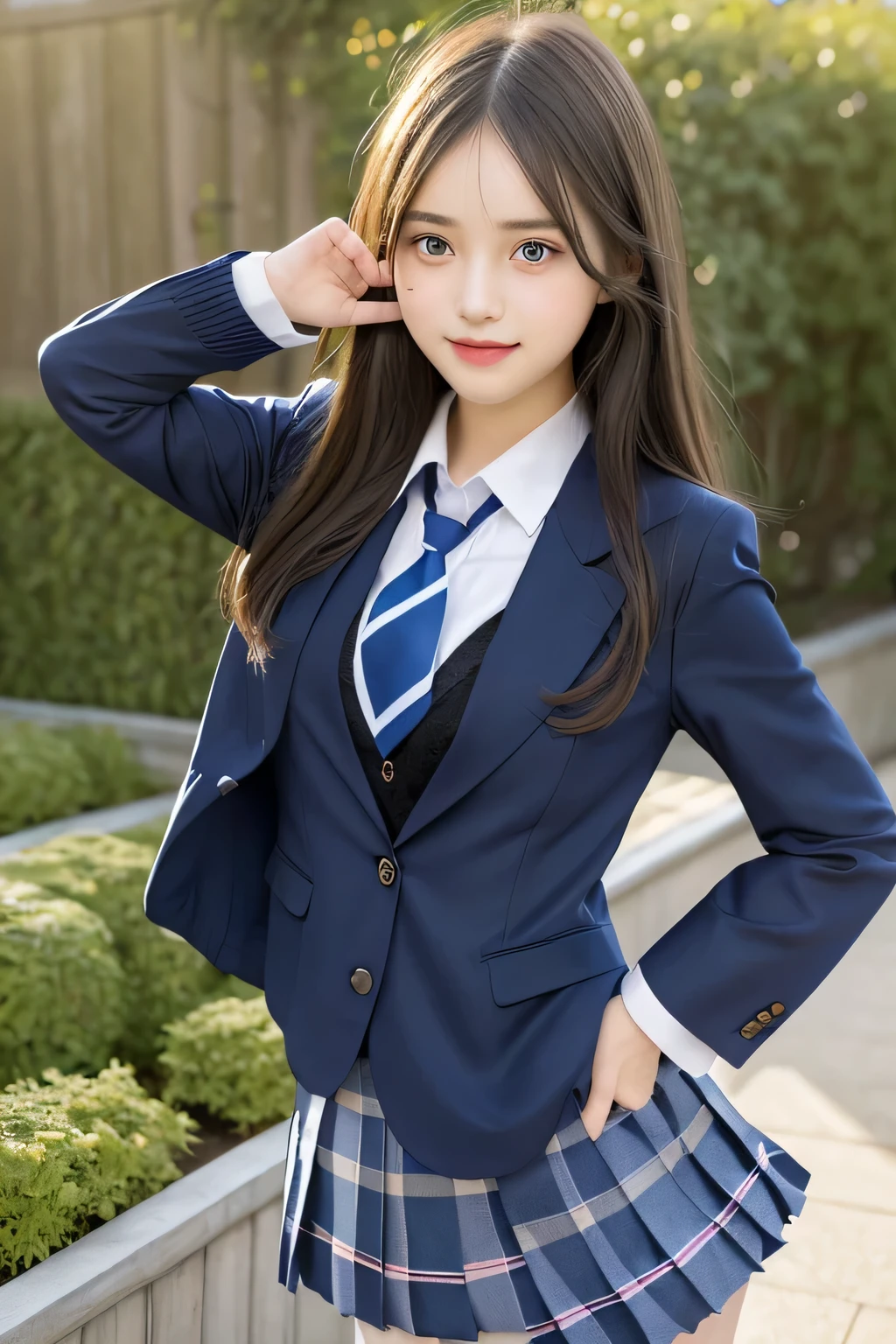 pieces fly、masterpiece、highest quality、Super detailed、High resolution、High resolution、8K portrait、unity 8k wallpaper、Detailed CG、unity 8k wallpaper、Detailed CGユニティ8kの壁紙、realistic、real person、portrait photography、shiny skin、(26 years old)、High resolution、beautiful clear eyes、very detailed explanation、delicate face、nice lips、thin waist、thin legs、1 girl、(school uniform:1.4)、(pleated skirt:1.2)、(dark blue blazer:1.2)、(small breasts:1.2)、(smile:1.2)、(garden:1.2)、(take a pose:1.2)
