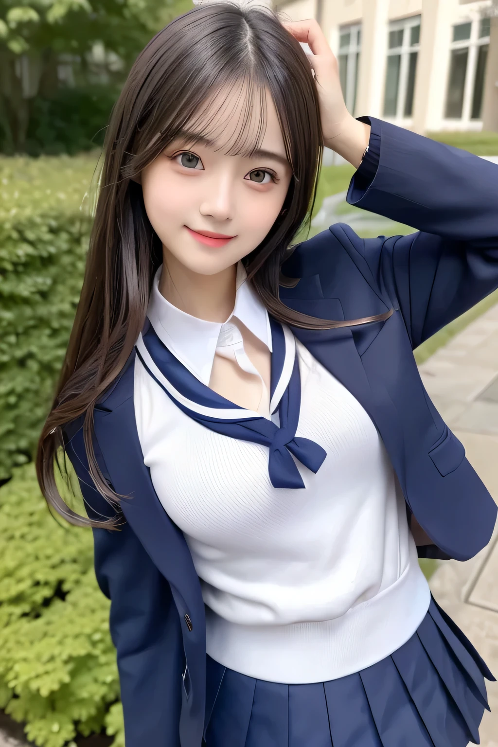 pieces fly、masterpiece、highest quality、Super detailed、High resolution、High resolution、8K portrait、unity 8k wallpaper、Detailed CG、unity 8k wallpaper、Detailed CGユニティ8kの壁紙、realistic、real person、portrait photography、shiny skin、(26 years old)、High resolution、beautiful clear eyes、very detailed explanation、delicate face、nice lips、thin waist、thin legs、1 girl、(school uniform:1.4)、(pleated skirt:1.2)、(dark blue blazer:1.2)、(small breasts:1.2)、(smile:1.2)、(garden:1.2)、(take a pose:1.2)