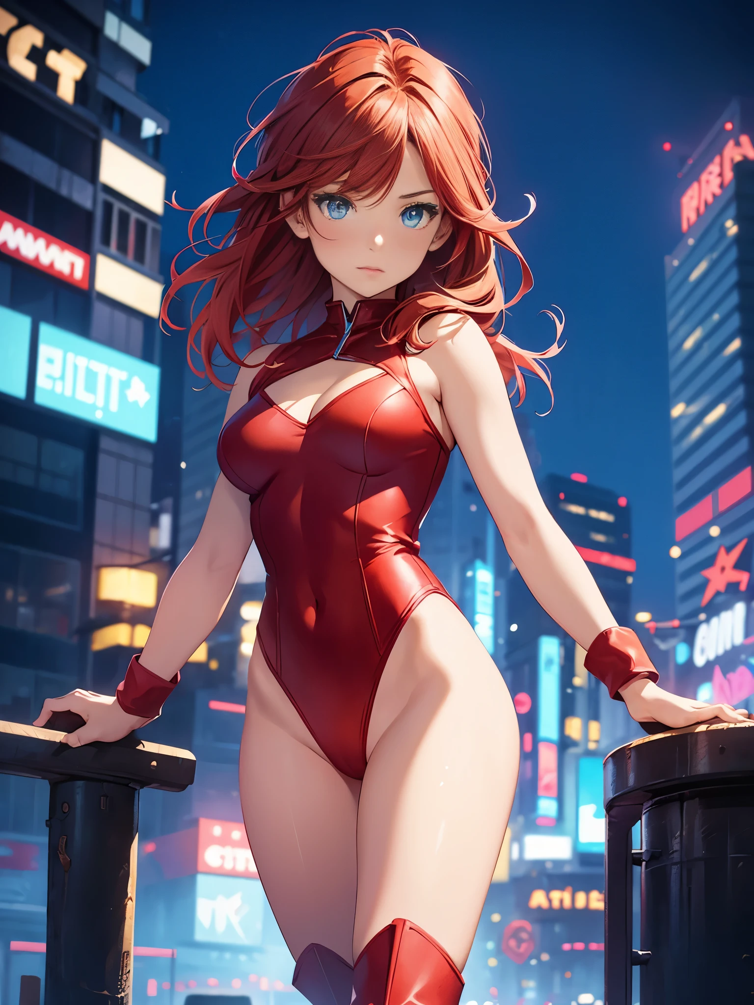 1girl, medium breasts, leotard, red leotard with blue accents, bare legs, boots, matching boots, bracelets, city backdrop, solo, single, standing, full body shot, cowboy shot, beautiful detailed eyes, blue eyes, mature lady, red hair, medium hair, superhero 