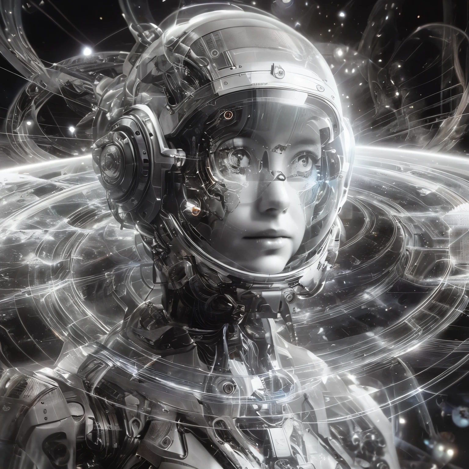 A close-up of a person wearing a helmet with a futuristic design, Diosa Cyborg en el cosmos, chica en el espacio, retrato anime chica cadete espacial, Retrato Astronauta blindado Chica, retrato hermosa chica de Science fiction, retrato de un cyborg espacial, intrincado estilo anime cgi adornado, Ilustración de arte digital de Science fiction, arte digital de Science fiction, Oh!. Science fiction
