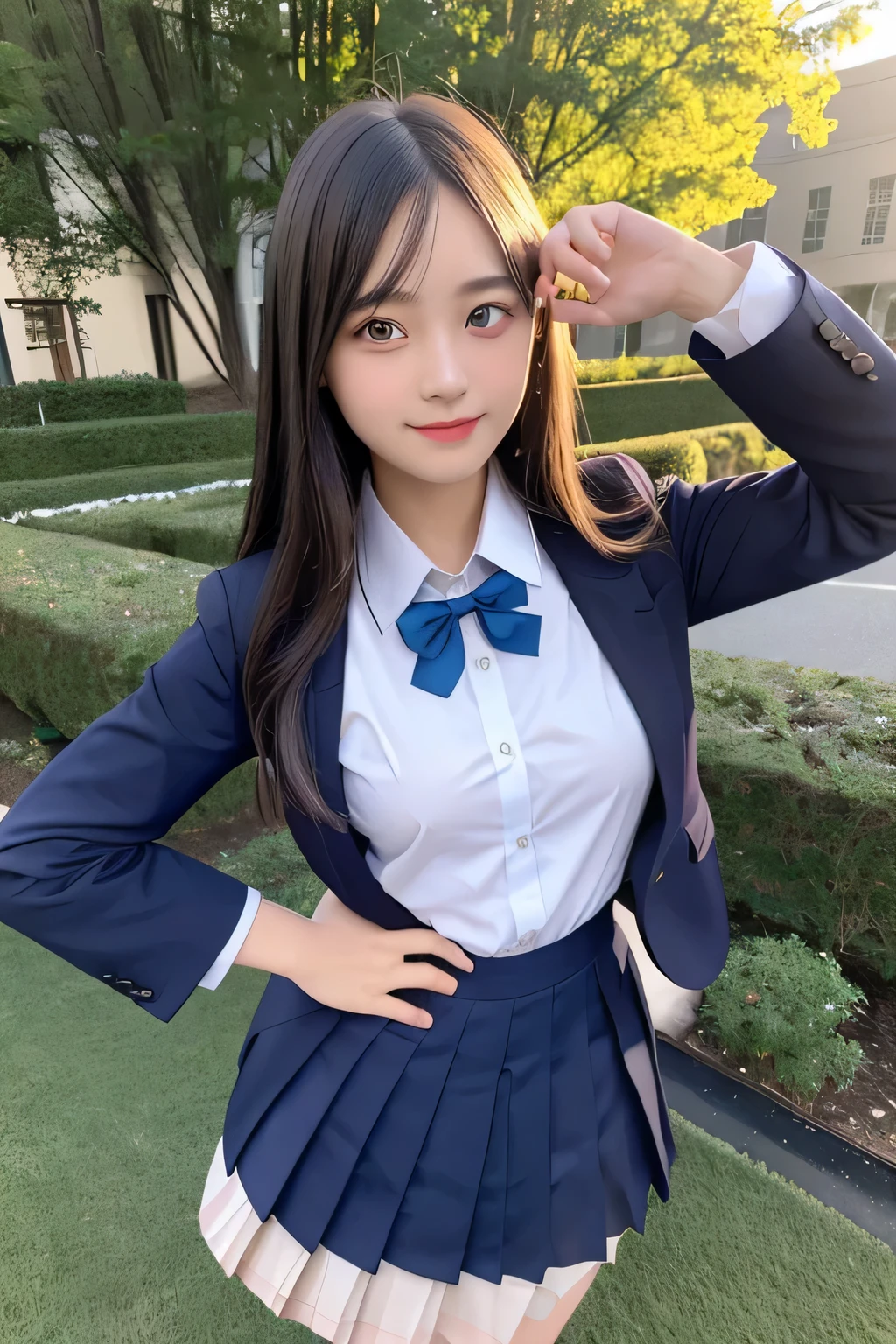 pieces fly、masterpiece、highest quality、Super detailed、High resolution、High resolution、8K portrait、unity 8k wallpaper、Detailed CG、unity 8k wallpaper、Detailed CGユニティ8kの壁紙、realistic、real person、portrait photography、shiny skin、(26 years old)、High resolution、beautiful clear eyes、very detailed explanation、delicate face、nice lips、thin waist、thin legs、1 girl、(school uniform:1.4)、(pleated skirt:1.2)、(dark blue blazer:1.2)、(small breasts:1.2)、(smile:1.2)、(garden:1.2)、(take a pose:1.2)