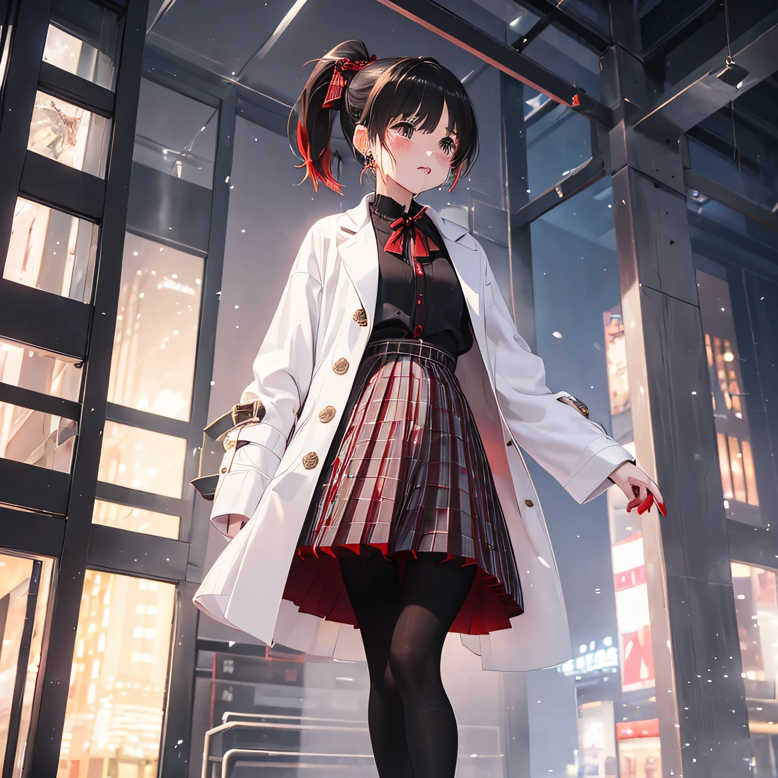 1girl, ((girl)) 、1 person、small face、 ((雪のnight)) 、night、in the city、Skyscraper,20-year-old、 (cry:1.5) 、(white long coat)、((Red checked pleated skirt:1.5)) 、((black pantyhose:1.5)) 、 white muffler、Brown snow boots, (princess cut), (bob cut)、(medium hair)、(ponytail:1.5) 、brown hair 、standing pose、view audience、Beige sweater、look up、((whole body)) 、Hand pose is free、