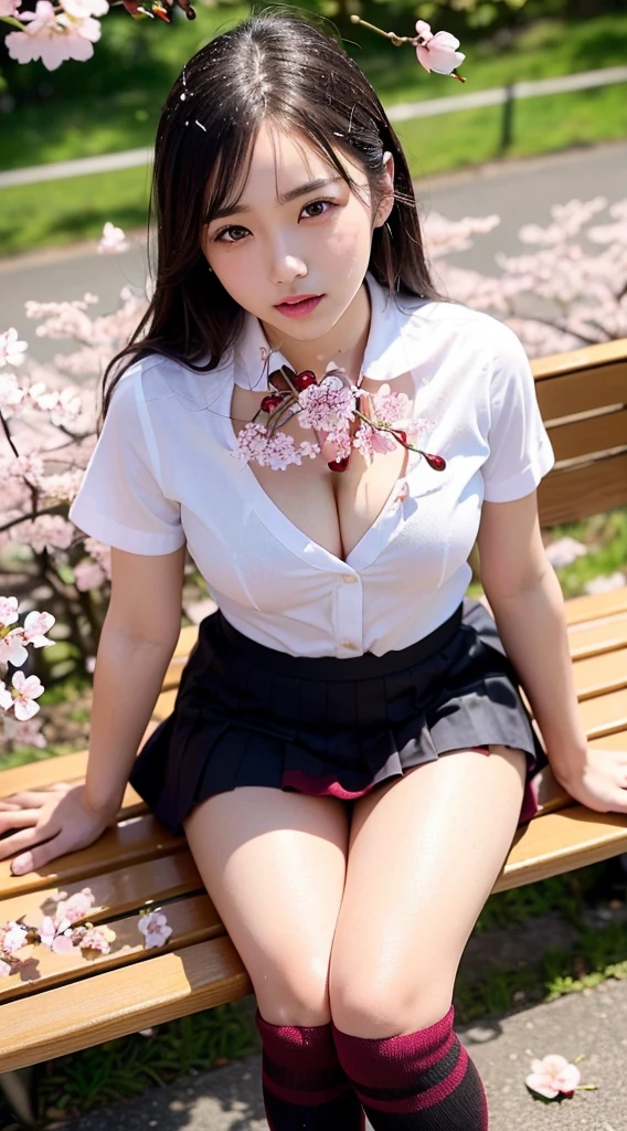 (masterpiece,highest quality,ultra high resolution),japanese woman, gal、とても美しい20歳のgirl, girl、Look at the photographer､(lip gloss)､(perfect limbs、small beautiful breasts、、Wet whole body、perfect anatomy),(((beautiful hair､､)))､(((Sexy Uniform、1.5，mini skirt、black knee socks、)))Melting face when seducing a man、sweet look、pure white、beautiful skin、Moist eyes、glitter hair、color of youth、gentle smile､double eyelid､(In a cherry blossom blizzard、sitting on the bench;;Stroke my neck, stroke my chest.:1.6)、I'm crossing my legs、Open the crotch slightly、model pose