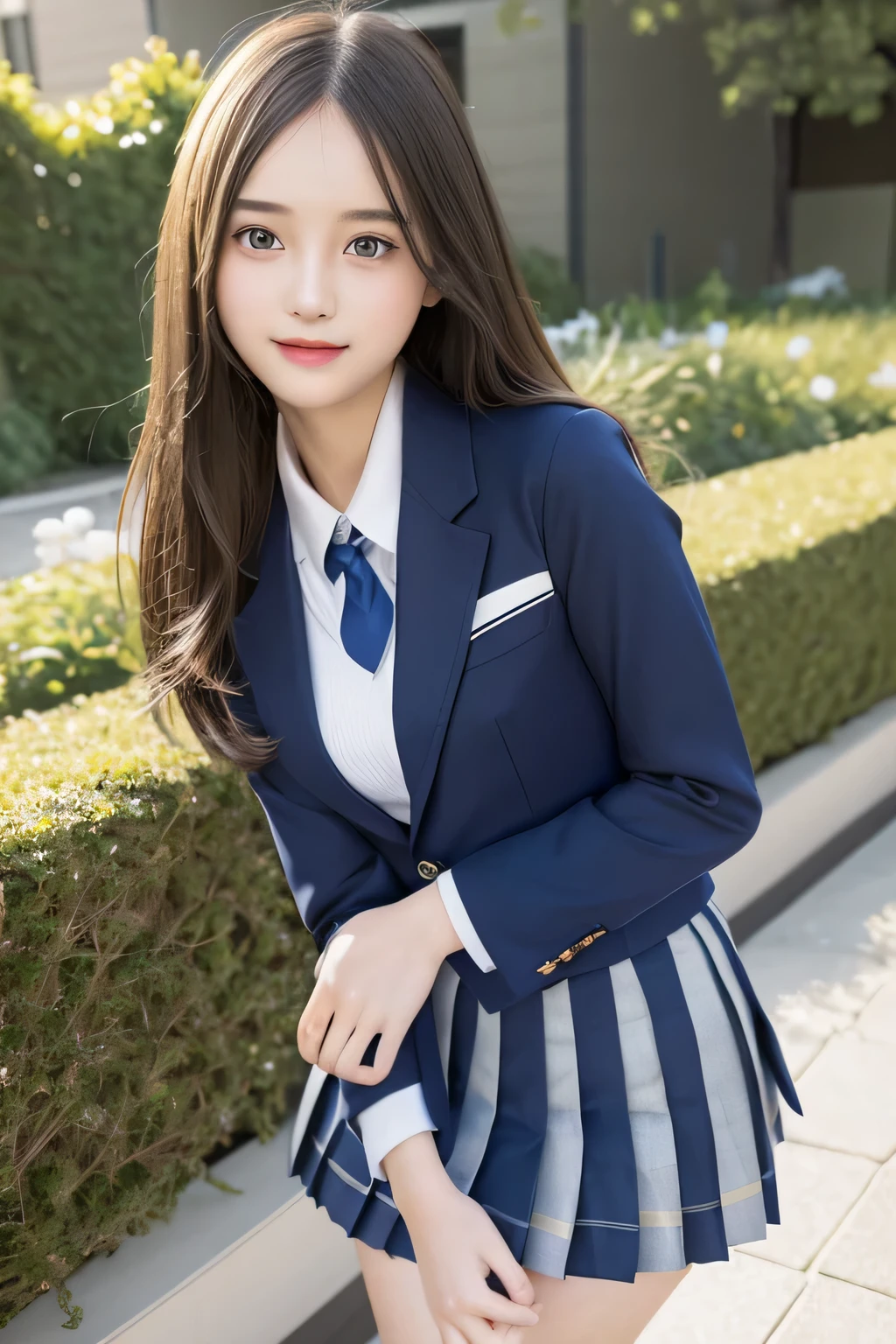 pieces fly、masterpiece、highest quality、Super detailed、High resolution、High resolution、8K portrait、unity 8k wallpaper、Detailed CG、unity 8k wallpaper、Detailed CGユニティ8kの壁紙、realistic、real person、portrait photography、shiny skin、(26 years old)、High resolution、beautiful clear eyes、very detailed explanation、delicate face、nice lips、thin waist、thin legs、1 girl、(school uniform:1.4)、(pleated skirt:1.2)、(dark blue blazer:1.2)、(small breasts:1.2)、(smile:1.2)、(garden:1.2)、(take a pose:1.2)