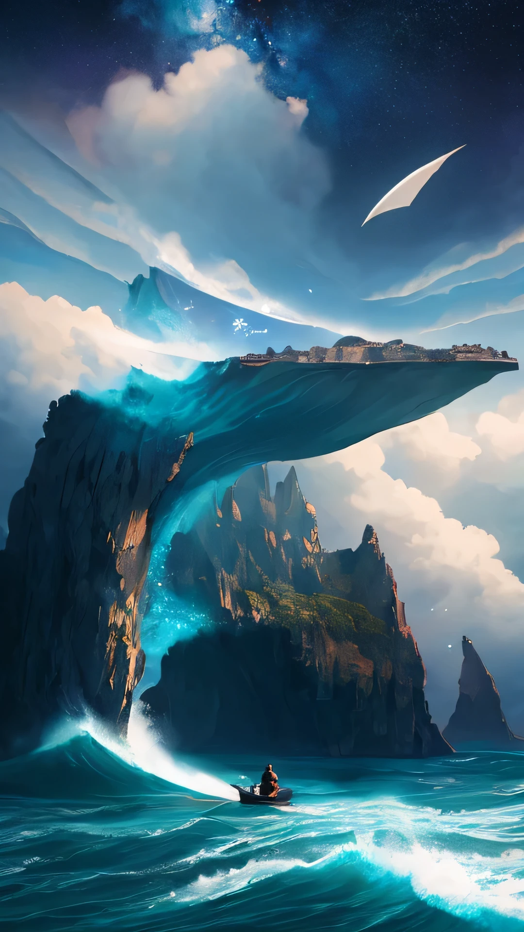 surreal illustration , otherworldly, Super Long Shot、1 person on the bow、Small boat、To the world of ignorance,very detailed and magical lighting, detailed sea, solar punk ,landscape,mysterious sea, beautiful, beautiful照明とリアルなプロポーションを備えた荒々Shii Wave, Looks like a movie background, 8K, highest quality, masterpiece, Clouds and stars in the sky.