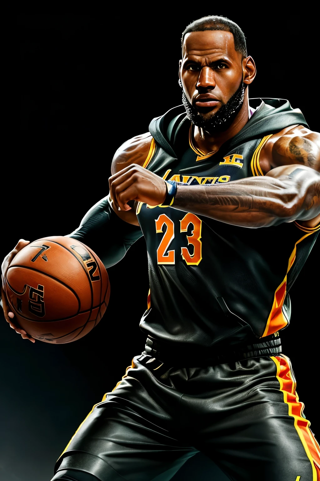 A giant, hyper-realistic sculpture of Lebron James, showcasing his massive bulging biceps, intricately detailed in a tight, sleek leather jacket. This stunning piece, rendered in exquisite detail, boasts lifelike textures and vivid colors, creating an incredibly captivating and dynamic image. The background, kept neutral, enables the focus to remain solely on the iconic basketball player, making this an ultra-detailed, Cinematic masterpiece, perfect for any sports enthusiast or art collector. (8K, HDR)