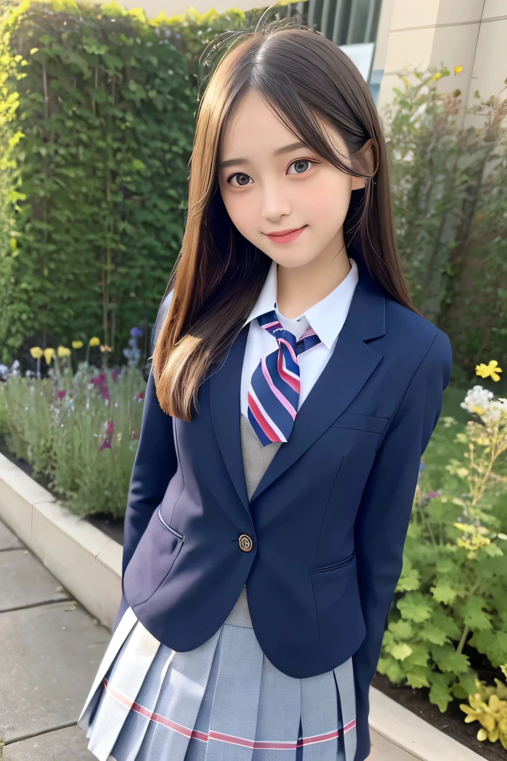 pieces fly、masterpiece、highest quality、Super detailed、High resolution、High resolution、8K portrait、unity 8k wallpaper、Detailed CG、unity 8k wallpaper、Detailed CGユニティ8kの壁紙、realistic、real person、portrait photography、shiny skin、(26 years old)、High resolution、beautiful clear eyes、very detailed explanation、delicate face、nice lips、thin waist、thin legs、1 girl、(school uniform:1.4)、(pleated skirt:1.2)、(dark blue blazer:1.2)、(small breasts:1.2)、(smile:1.2)、(garden:1.2)、(take a pose:1.2)