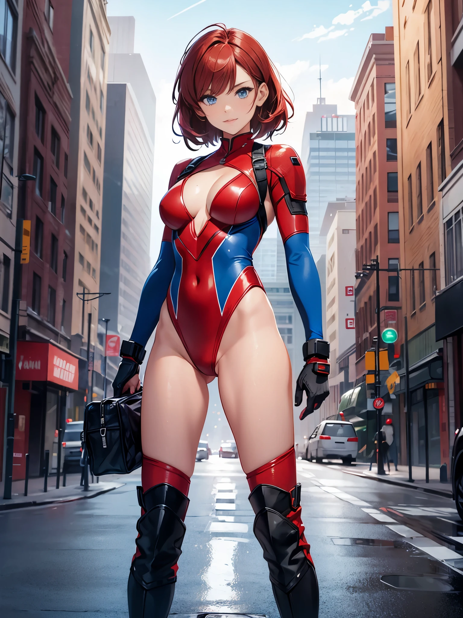 1girl, medium breasts, leotard, red leotard with blue accents, bare legs, boots, matching boots, bracelets, city backdrop, solo, single, standing, full body shot, cowboy shot, beautiful detailed eyes, blue eyes, mature lady, red hair, medium hair, superhero 