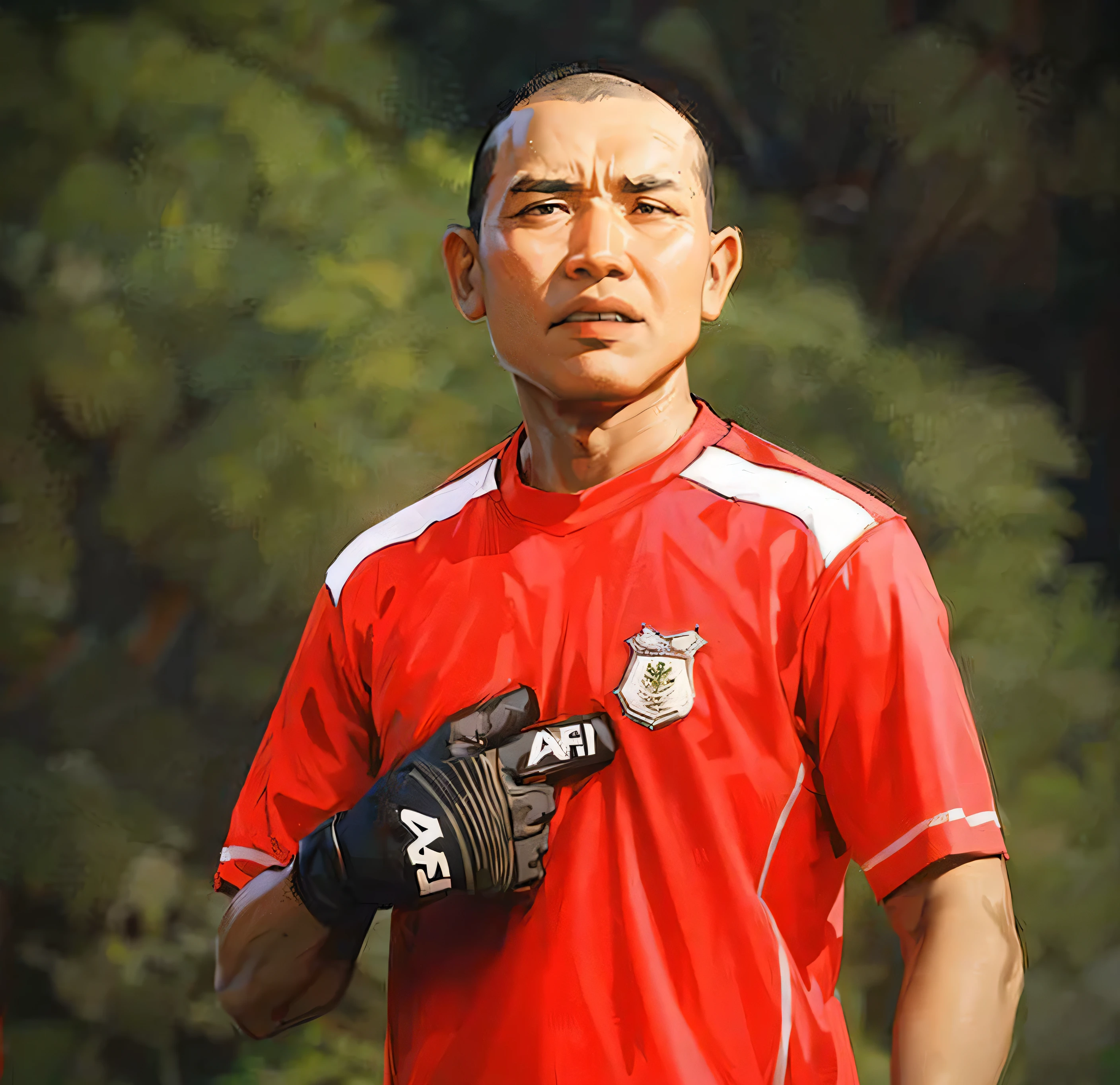 ((Best Quality, 8K, Masterpiece: 1.3)), best quality, ultra high res, there is a man in a red shirt and black gloves, mohamed chahin, ramil sunga, by Abidin Dino, andy worhol, raden saleh, mohamed chahin style, at instagram, saadane afif, inspired by Bohumil Kubista, by Basuki Abdullah, brom gerald, fujita goro!