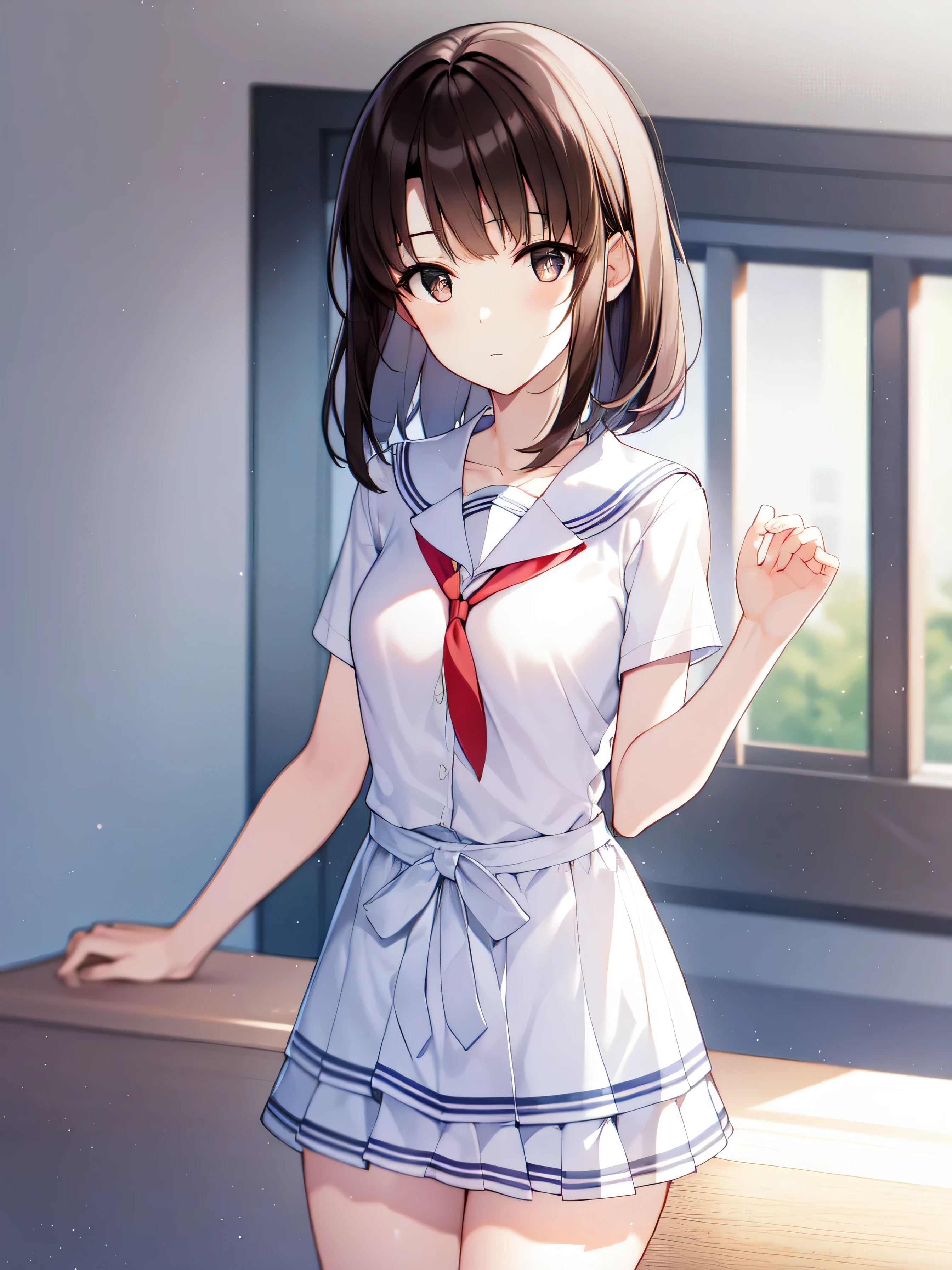 Meihua Group, benefit, brown hair, short hair, (brown eyes:1.7), (small breasts:1.2),
rest miniskirt, uniform, skirt, Sailor suit, Serford,
rest looking at viewer,
rest indoors, classroom,
rest (masterpiece:1.2), best quality, high resolution, unified 8k wallpaper, (illustration:0.8), (beautiful and delicate eyes:1.6), extremely detailed face, perfect lighting, Extremely detailed CG, (perfect hands, perfect anatomy),