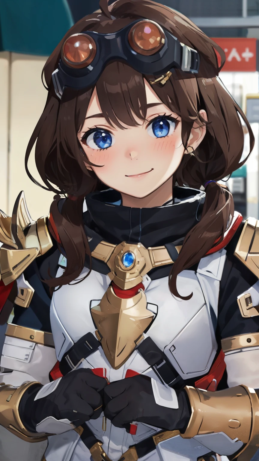 masterpiece,  highest quality, 
(alone), 1 girl, look sideways, dim light, 
horizon_\(apex legend\), goggles, blue eyes, brown hair, gauntlet, shoulder armor,  hat, (freckles:0.5), 
(science_fiction), outdoor, street,smile、look at viewer , blush,universe