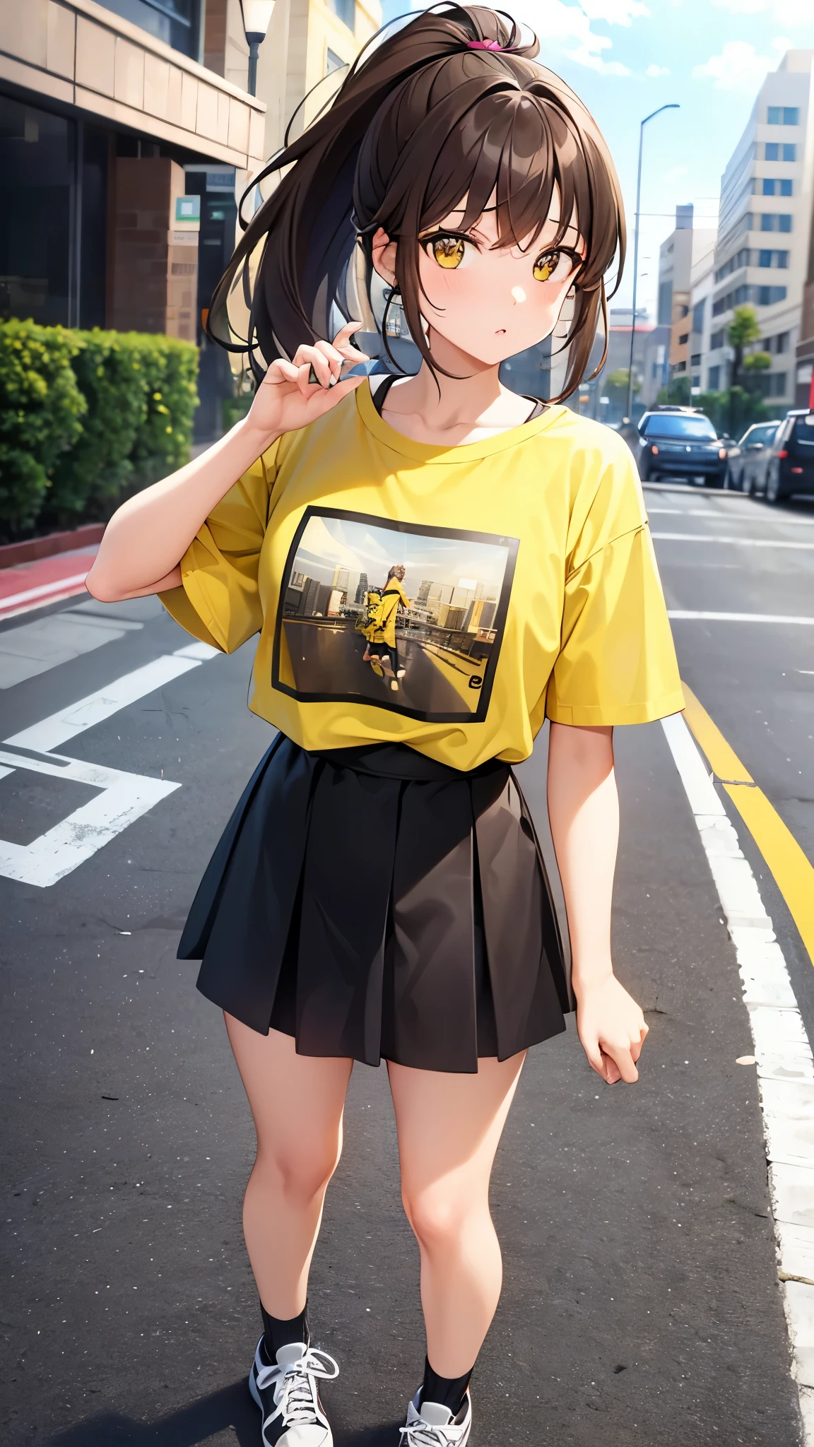 Girl, ponytail hair, brown hair, yellow sapphire eyes, cute girl, hot girl, t-shirt, mini skirt, sneakers, city 