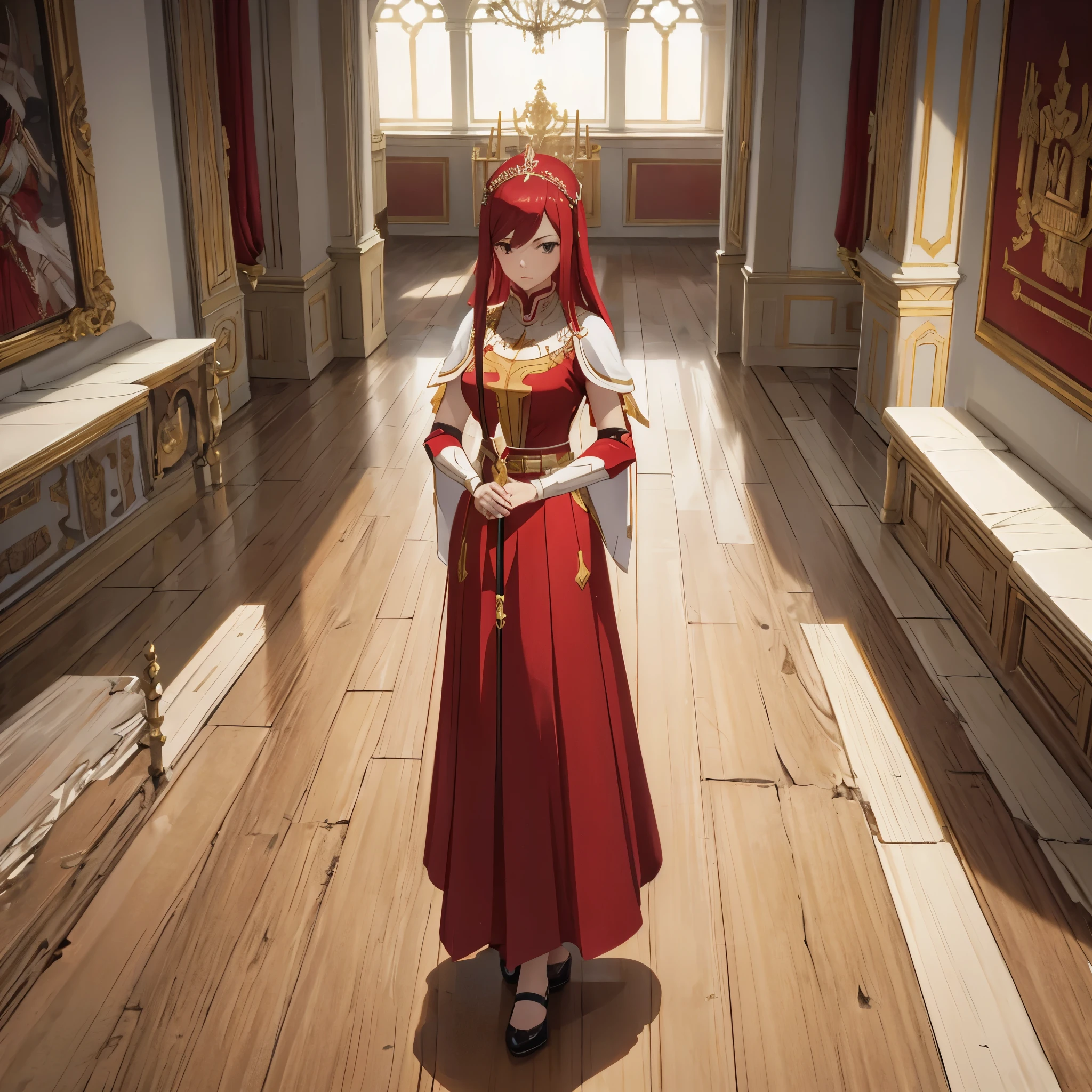 a woman in red and white Roman empress clothing in a palace of the Roman Empire holding a golden sword
